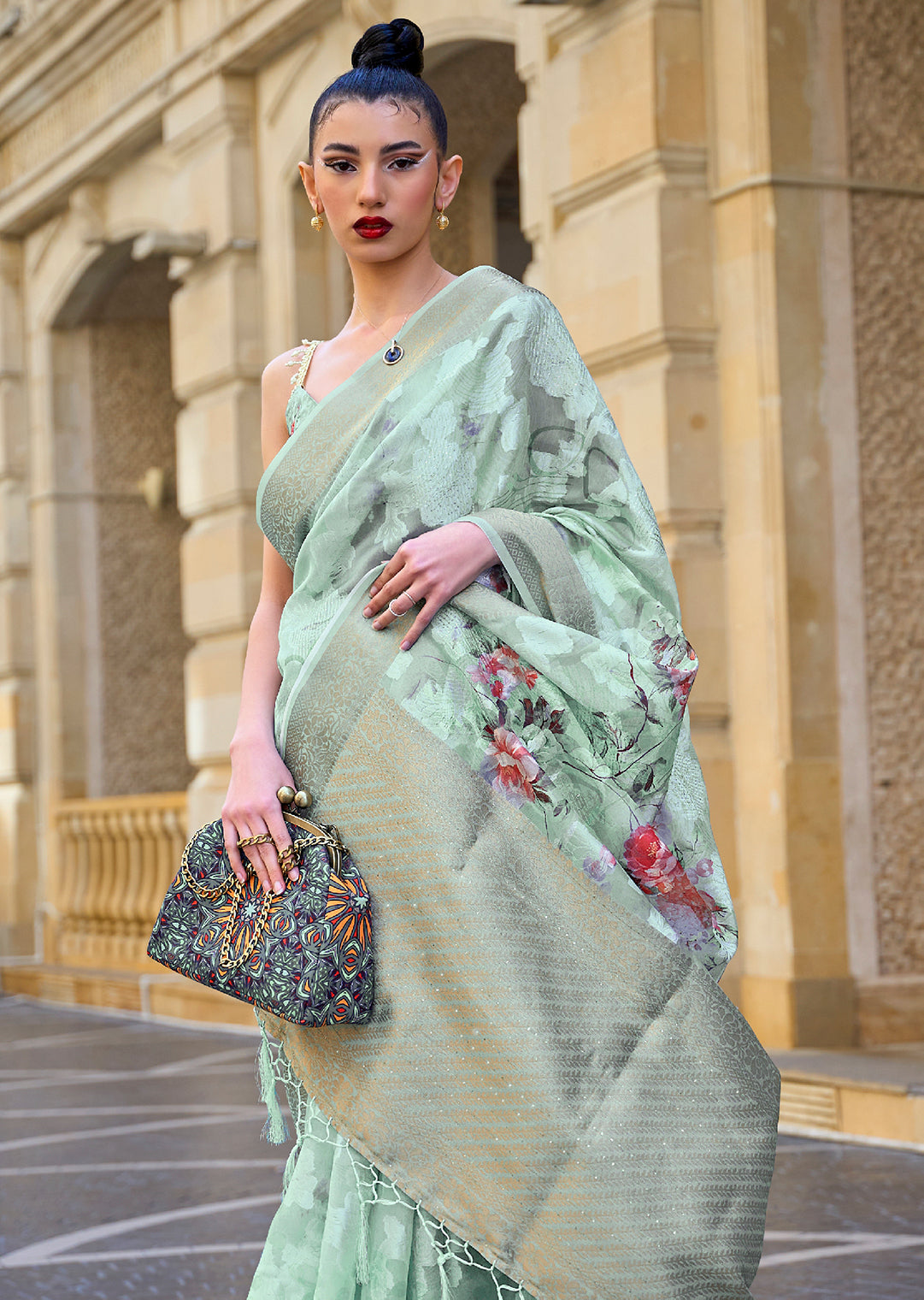 Mint Blue Woven Printed Brasso Handloom Silk Saree