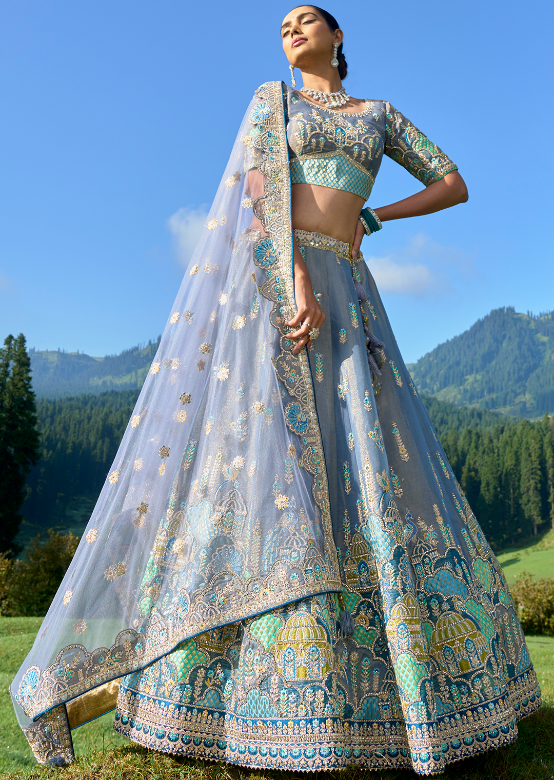 Lavender Grey Hand Worked Premium Designer Silk Lehenga