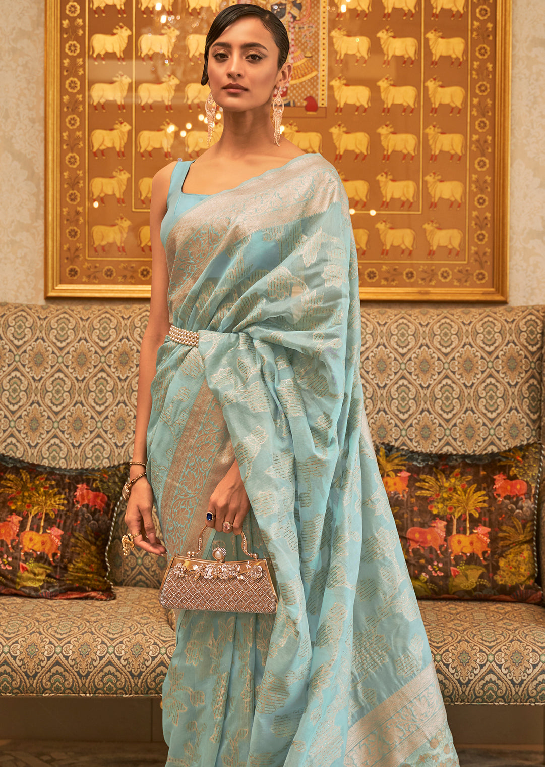 Deep Sky Blue Zari Woven Pure Handloom Linen Silk Saree