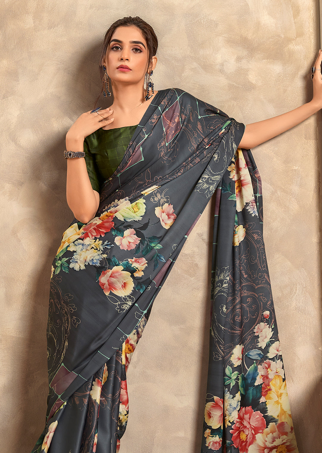 Deep Grey Woven Digital Printed Crepe Silk Saree