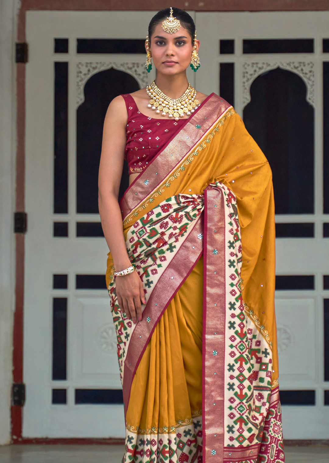 Mustard Yellow Woven Traditional Patola Silk Saree