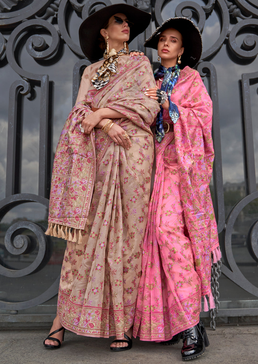 Carnation Pink Woven Pure Handloom Parsi Organza Silk Saree