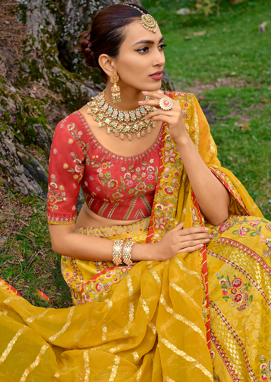 Golden Yellow Heavy Embroidered Premium Designer Silk Lehenga