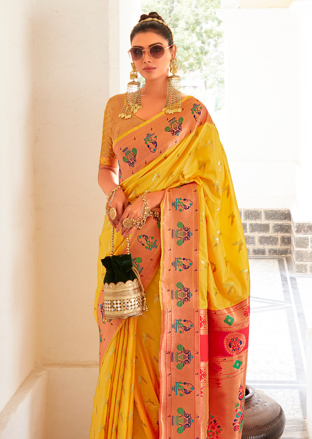 Yellow Copper Zari Woven Traditional Paithani Silk Saree