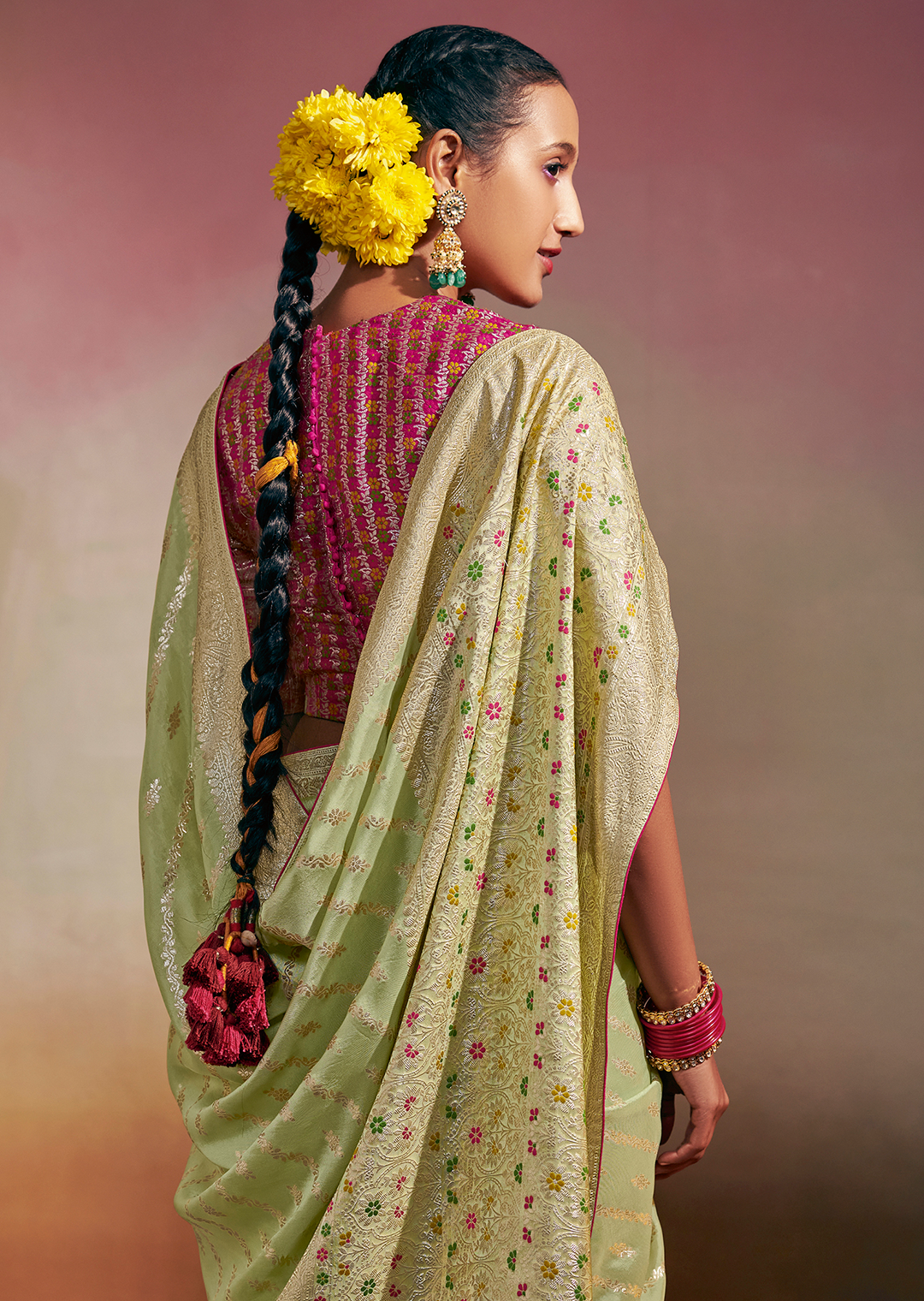 TEA GREEN WOVEN PURE CHINON CHIFFON DESIGNER SILK SAREE