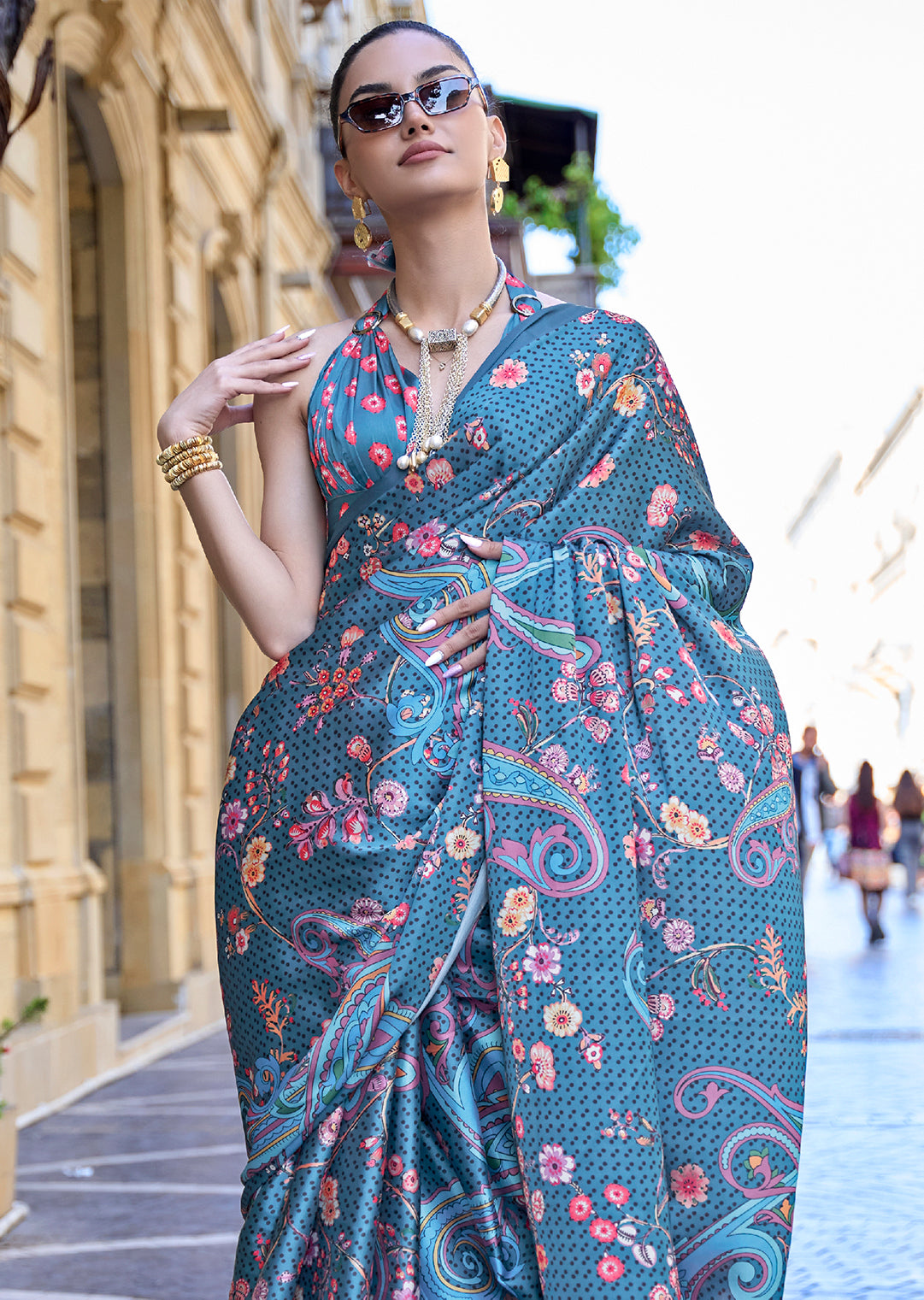 Steel Blue Woven Digital Printed Satin Crepe Silk Saree