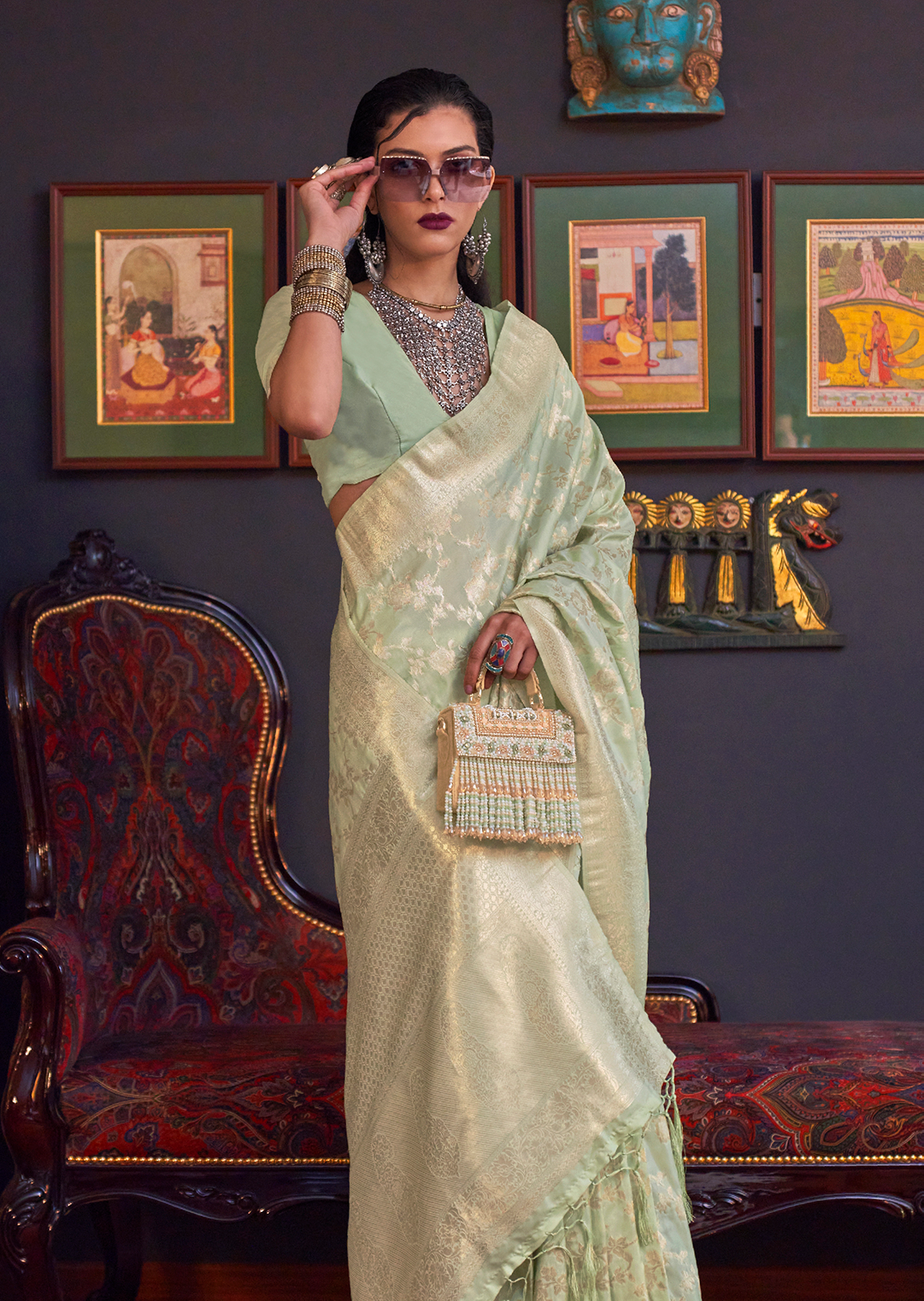 Tea Green Woven Pure Handloom Katan Silk Saree