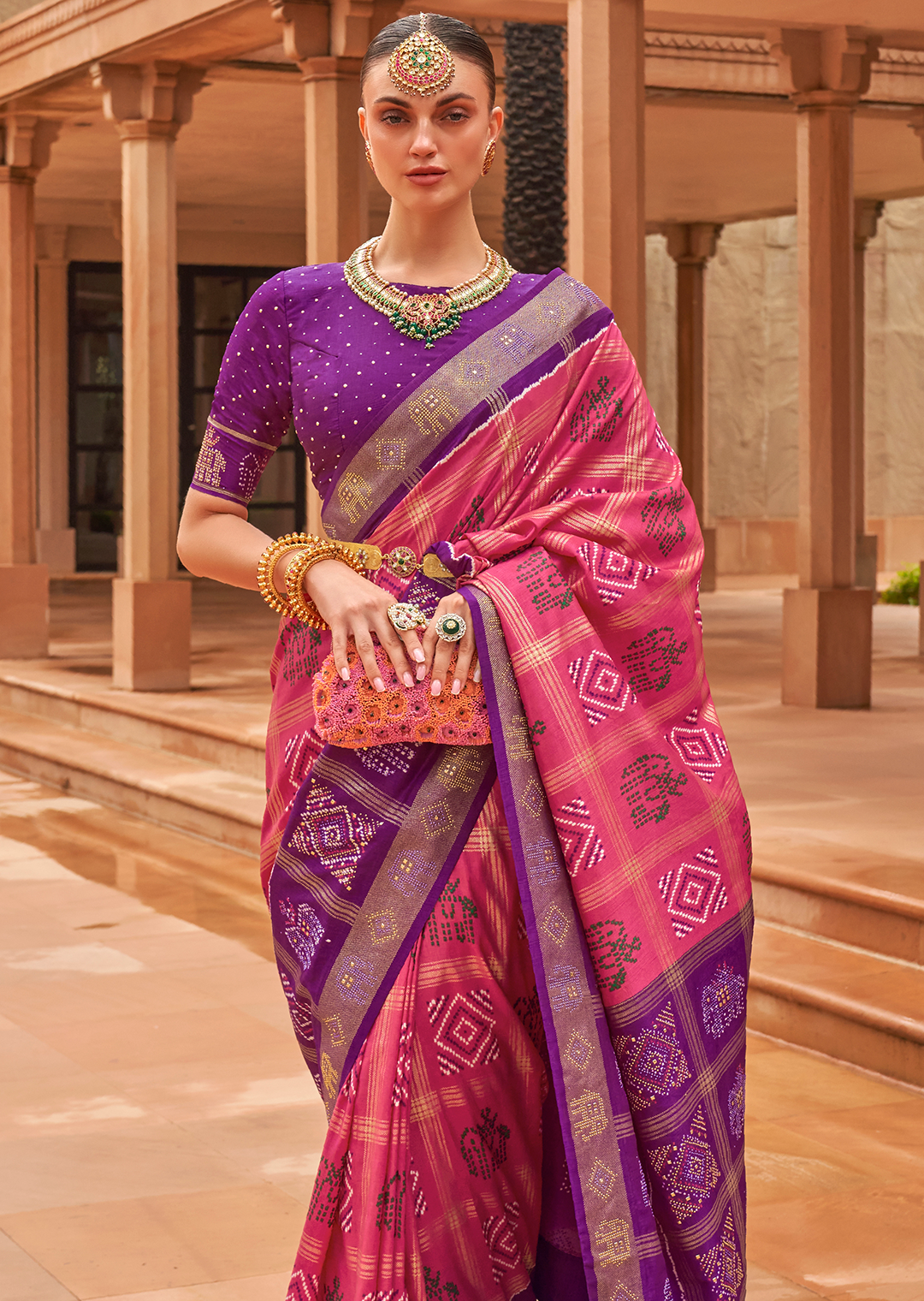 Brink Pink Woven Traditional Bandhani Patola Silk Saree