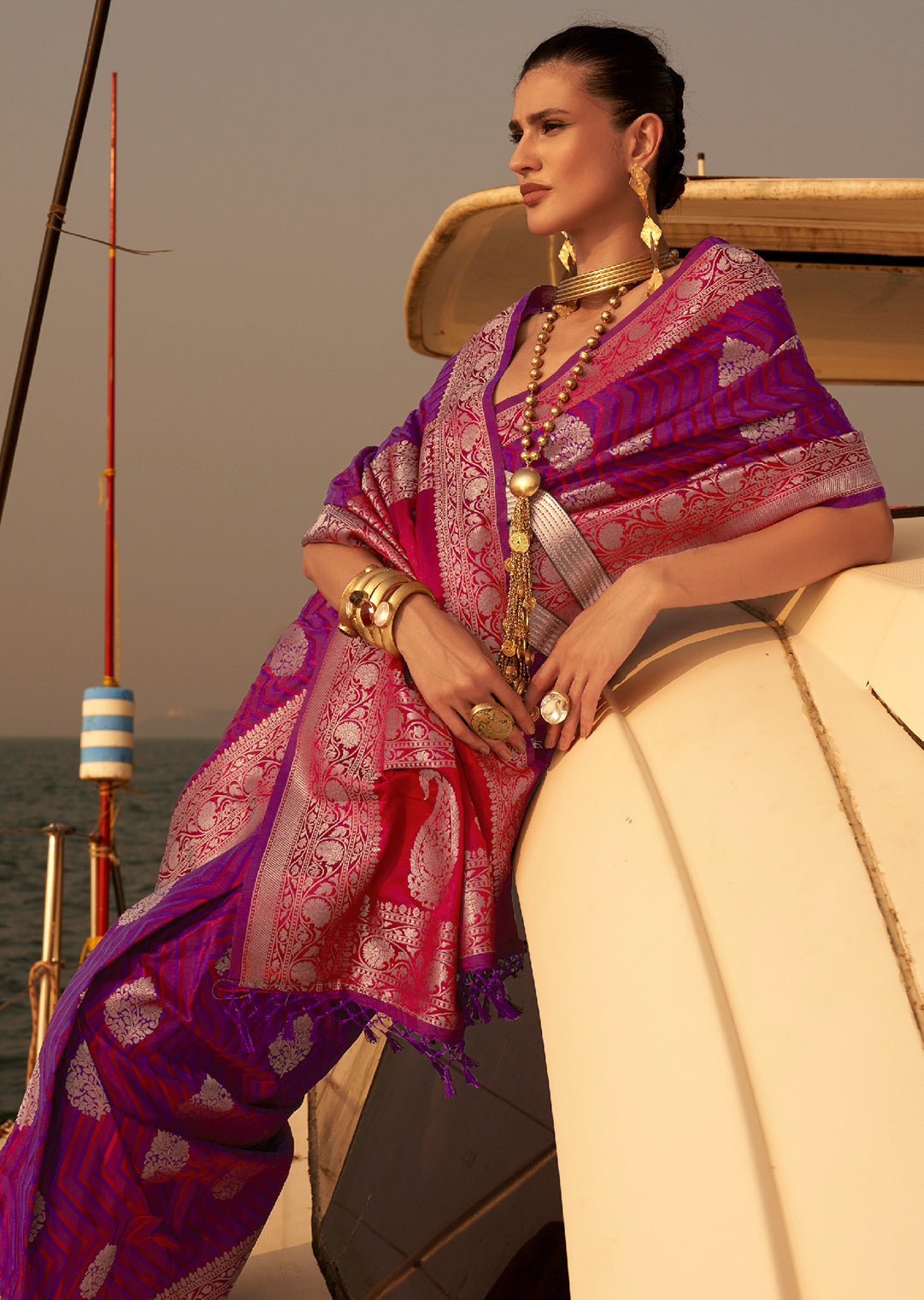 Purple Zari Woven Handloom Pure Banarasi Satin Silk Saree