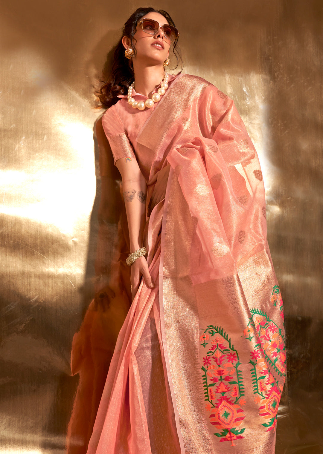 Peach Zari Woven Pure Paithani Tissue Silk Saree