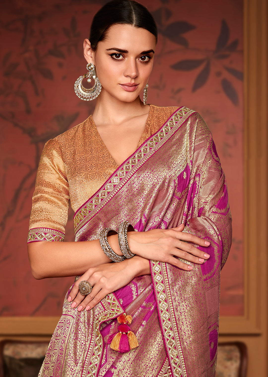 MAGENTA PINK PURE CREPE SILK DESIGNER BANARASI SAREE