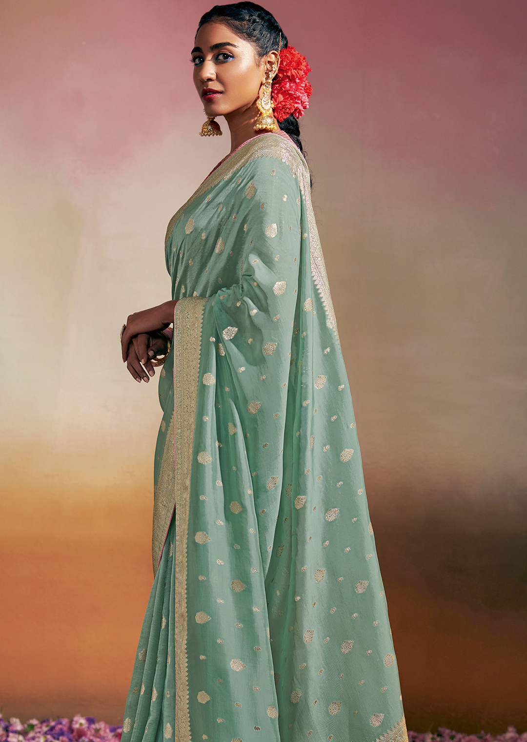 MINT GREEN WOVEN PURE CHINON CHIFFON DESIGNER SILK SAREE