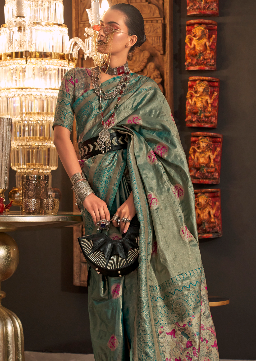 Teal Blue Zari Woven Pure Handloom Kanjivaram Silk Saree