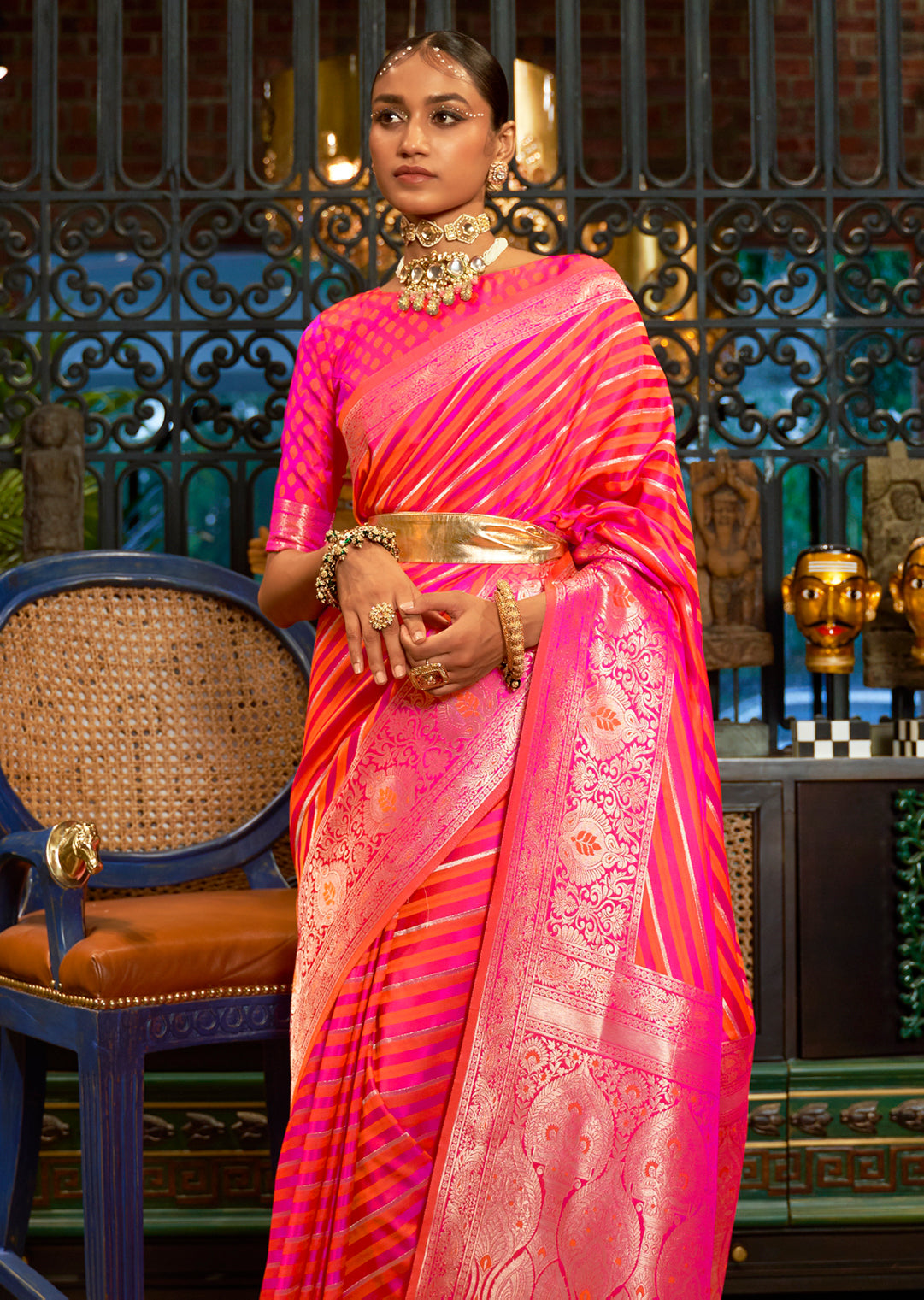 Coral Red & Pink Zari Woven Handloom Pure Banarasi Satin Silk Saree