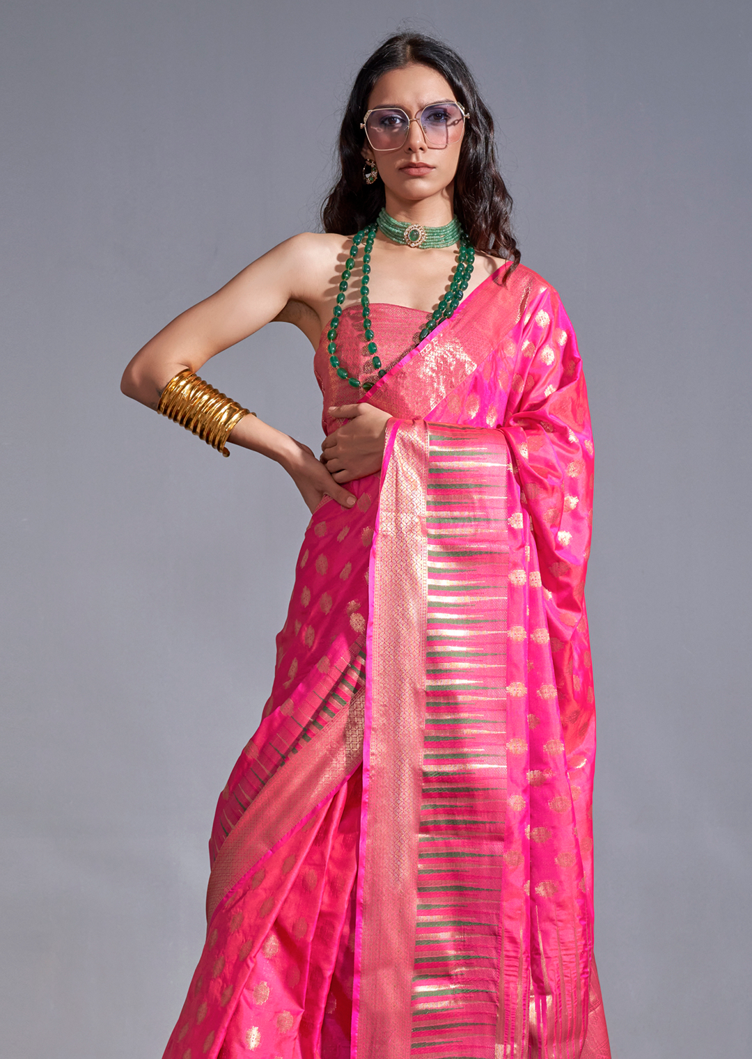 Ruby Pink Zari Woven Pure Handloom Gadwal Banarasi Silk Saree