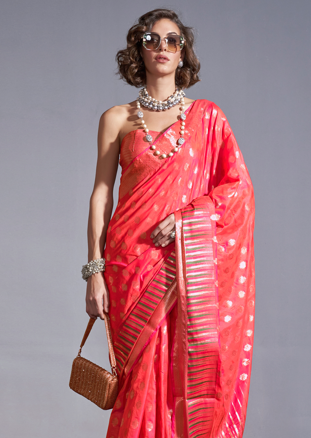 Coral Red Zari Woven Pure Handloom Gadwal Banarasi Silk Saree