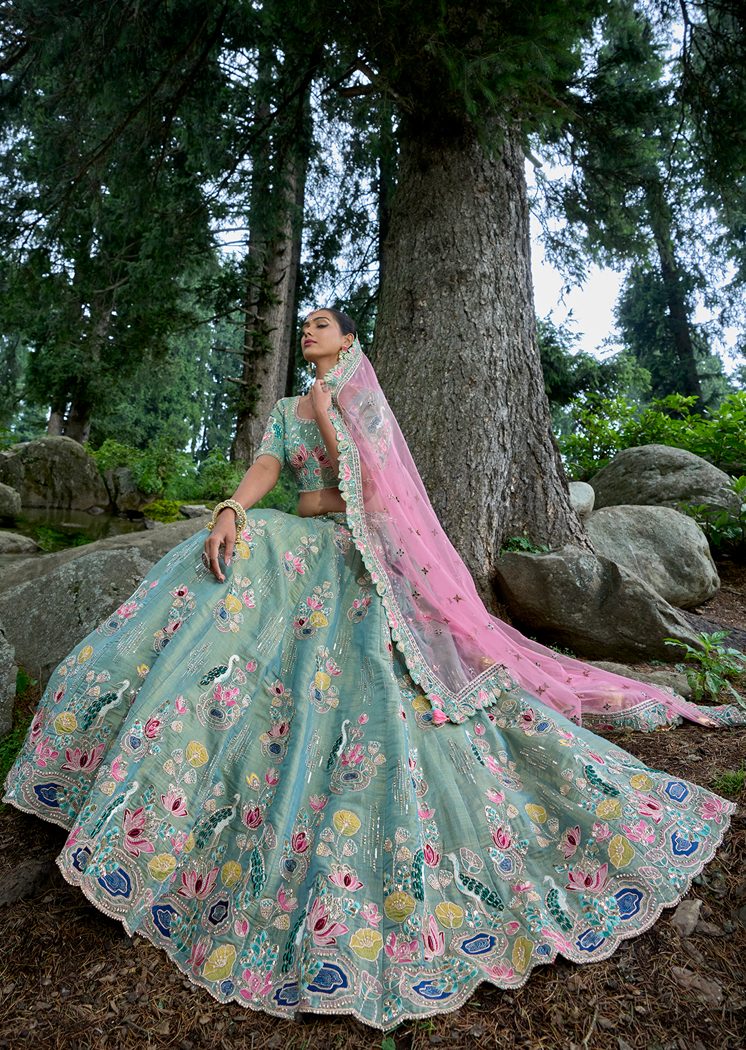 Pearl Aqua Hand Worked Premium Designer Silk Lehenga