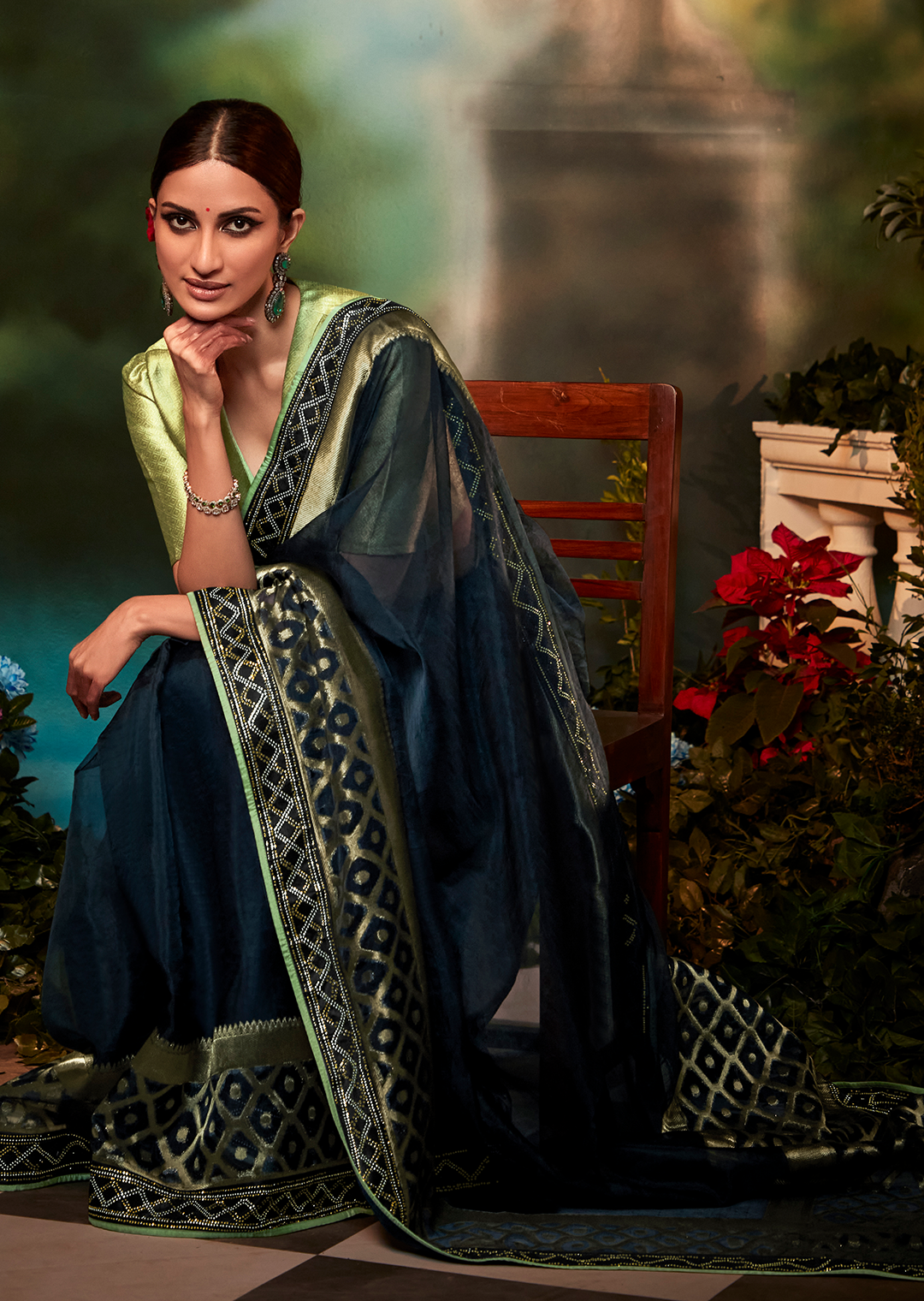 NAVY BLUE PURE TISSUE SILK DESIGNER SAREE