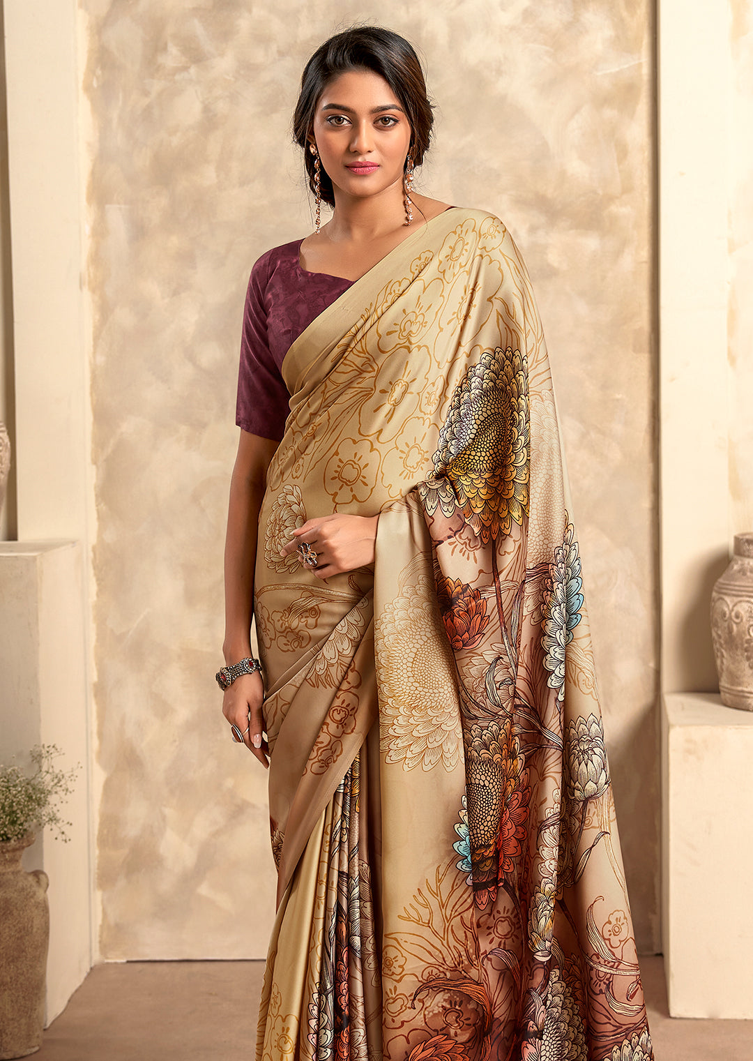 Deep Beige Woven Digital Printed Crepe Silk Saree