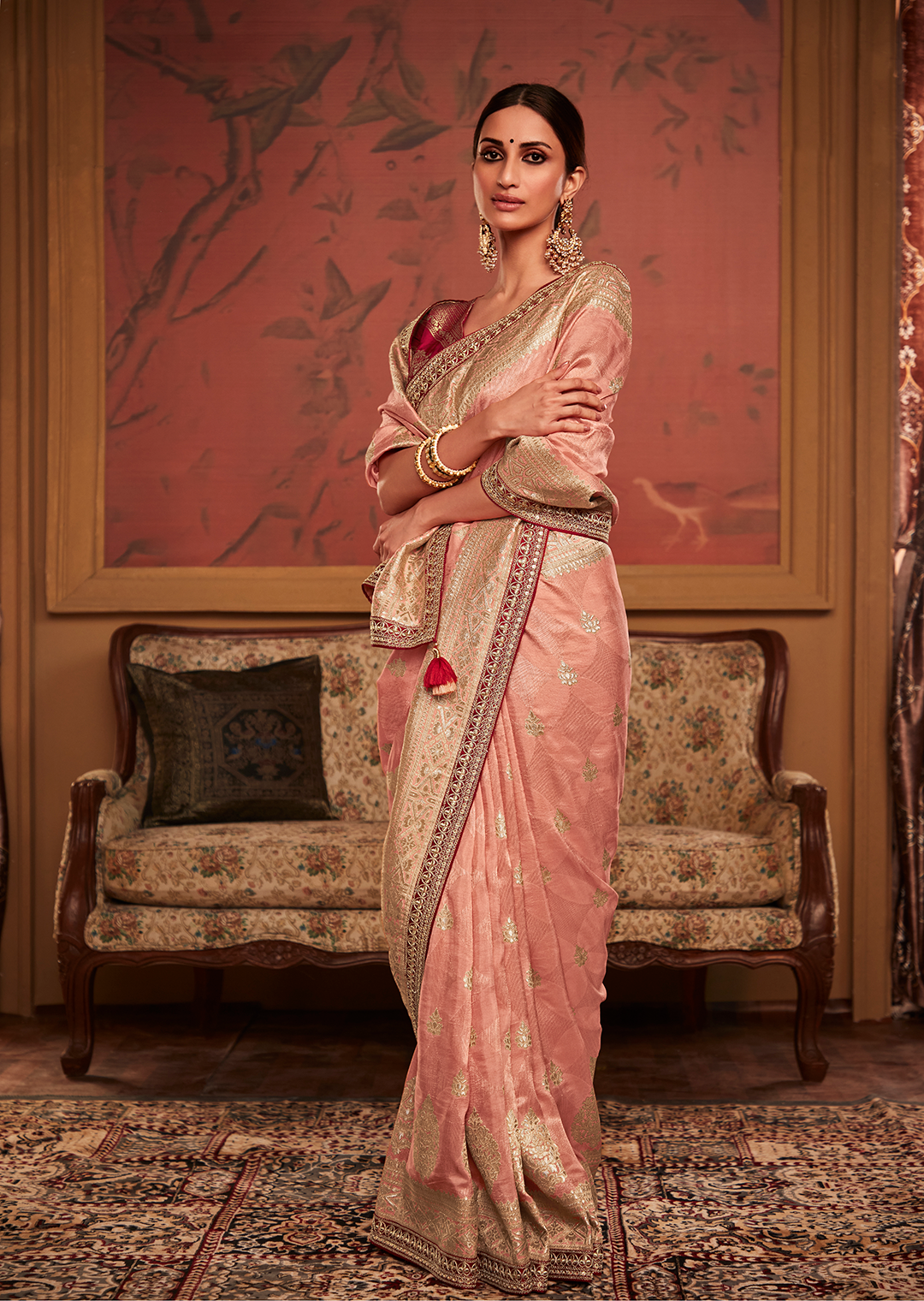 PEACH PURE CREPE SILK DESIGNER BANARASI SAREE