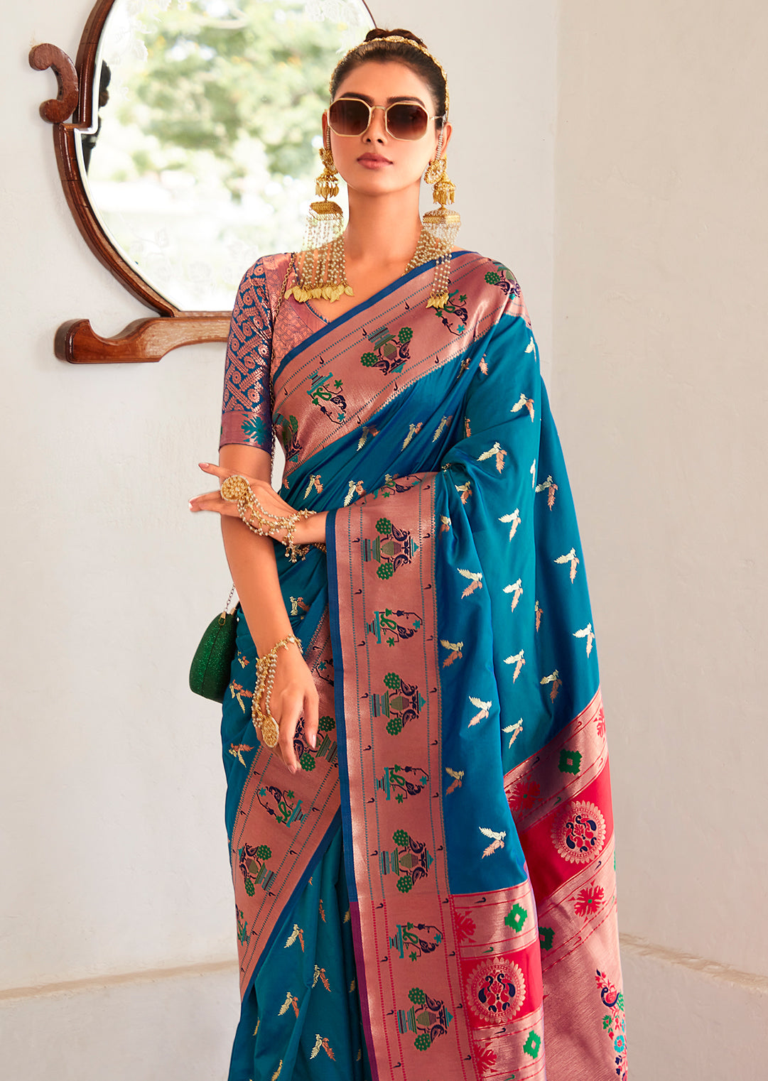 Steel Blue Copper Zari Woven Traditional Paithani Silk Saree