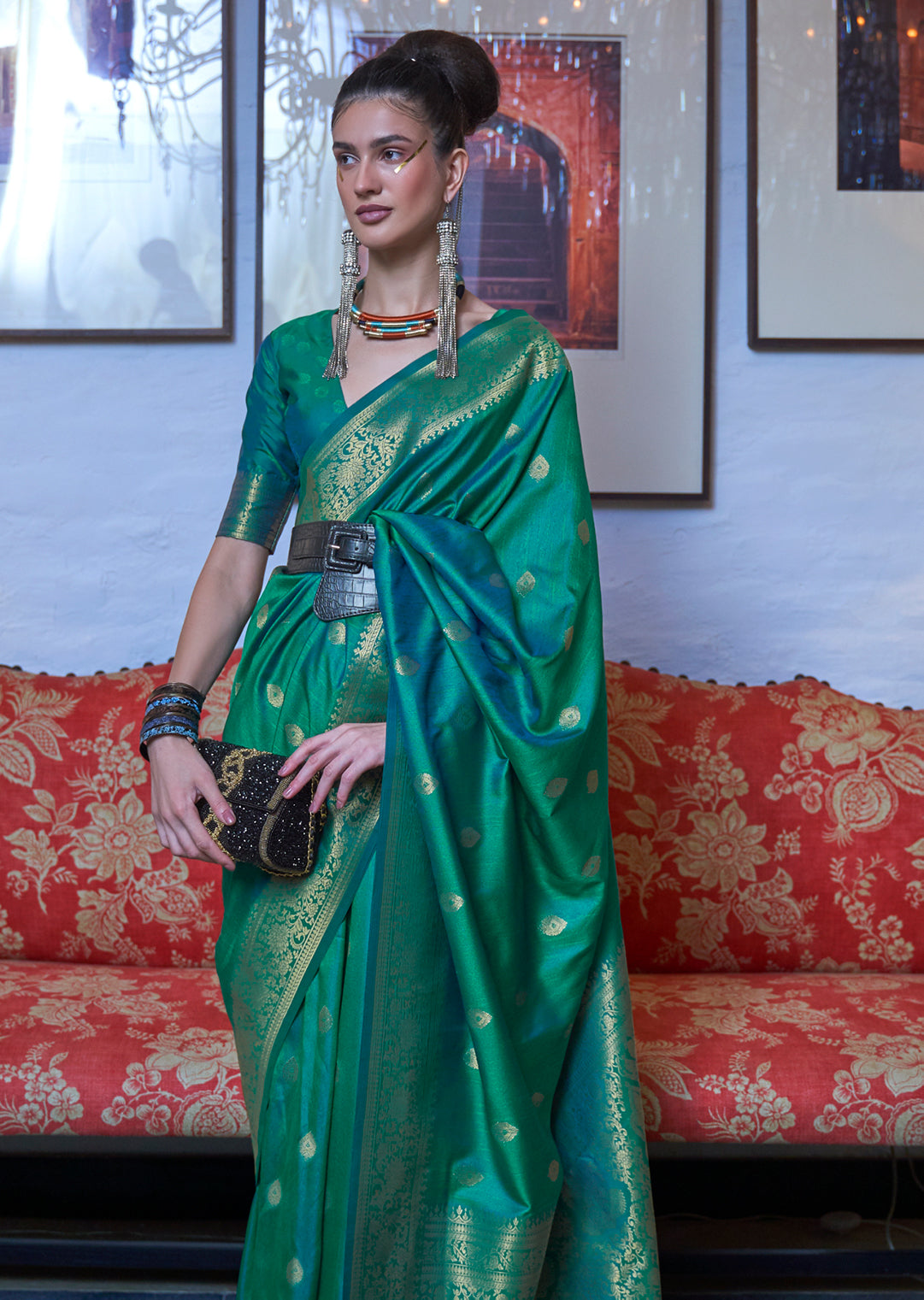 Peacock Green Zari Woven Pure Handloom Silk Saree