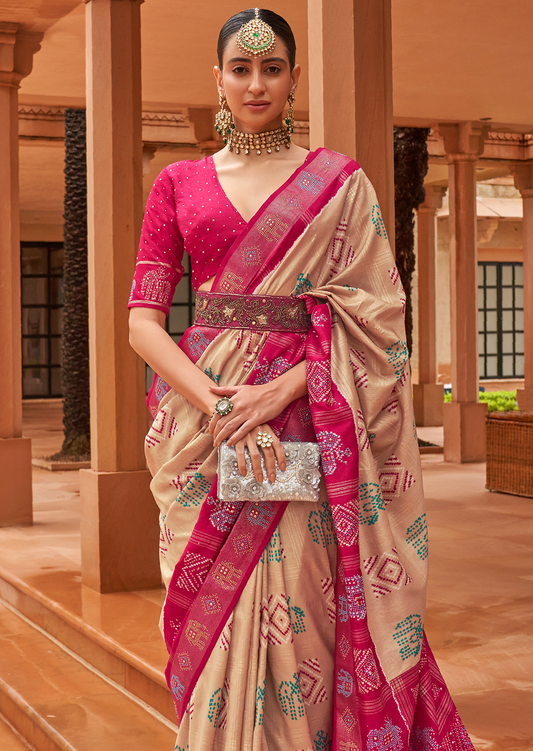 Warm Beige Woven Traditional Bandhani Patola Silk Saree