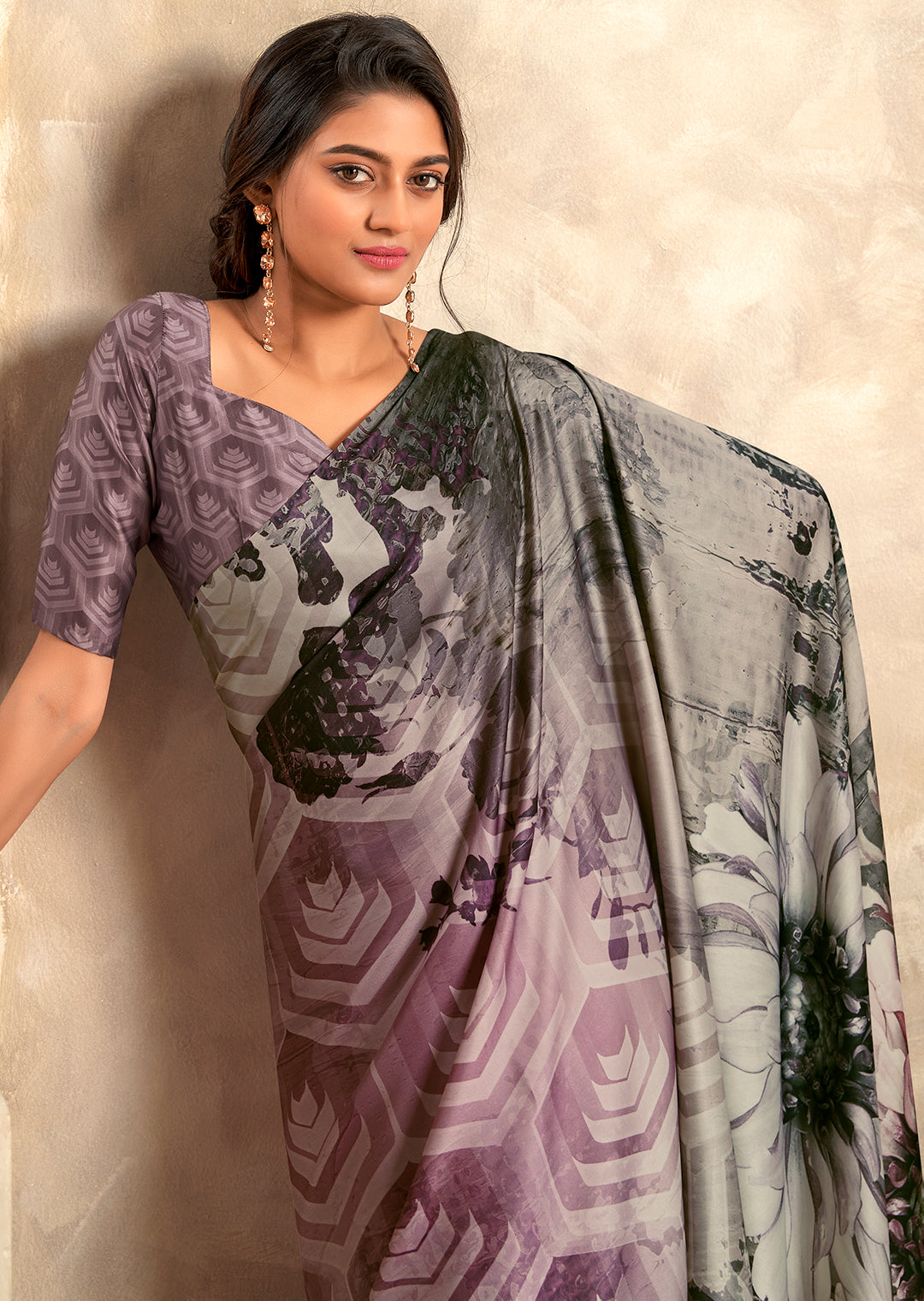 Heather Purple Woven Digital Printed Crepe Silk Saree