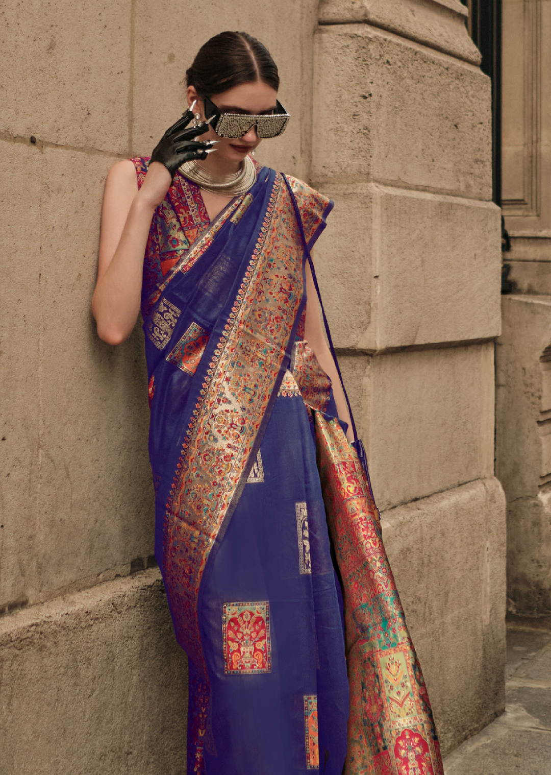 Blue Woven Pure Handloom Kashmiri Jamewar Silk Saree