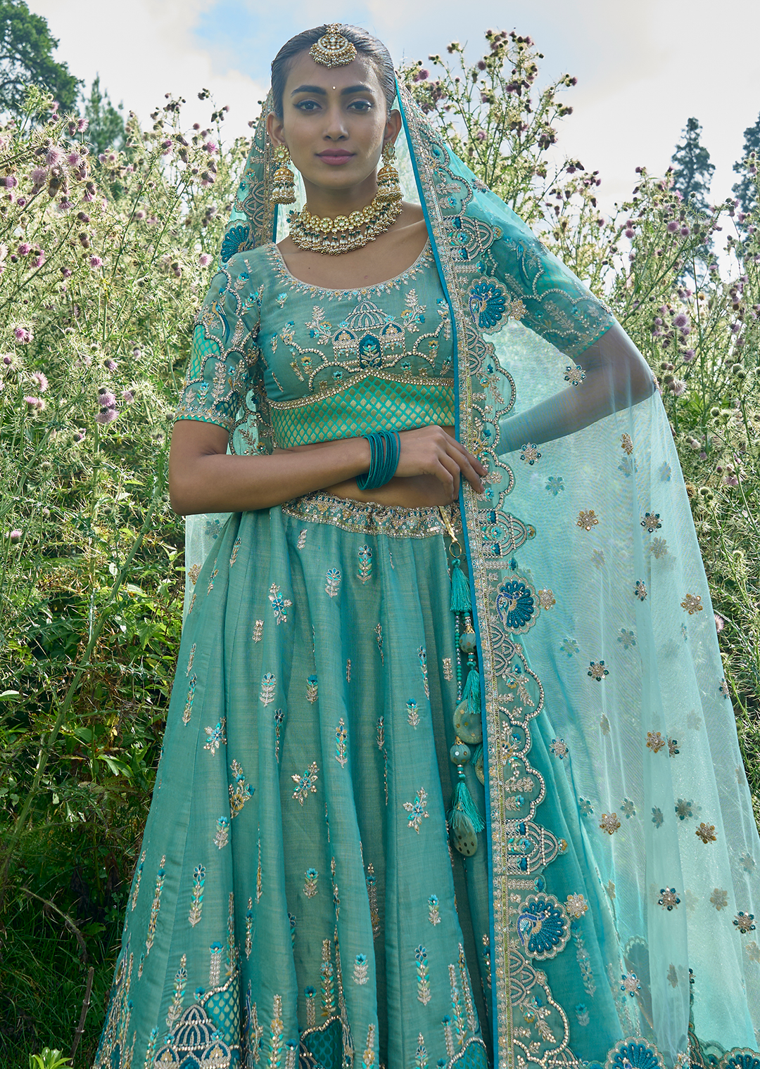 Aqua Marine Blue Hand Worked Premium Designer Silk Lehenga