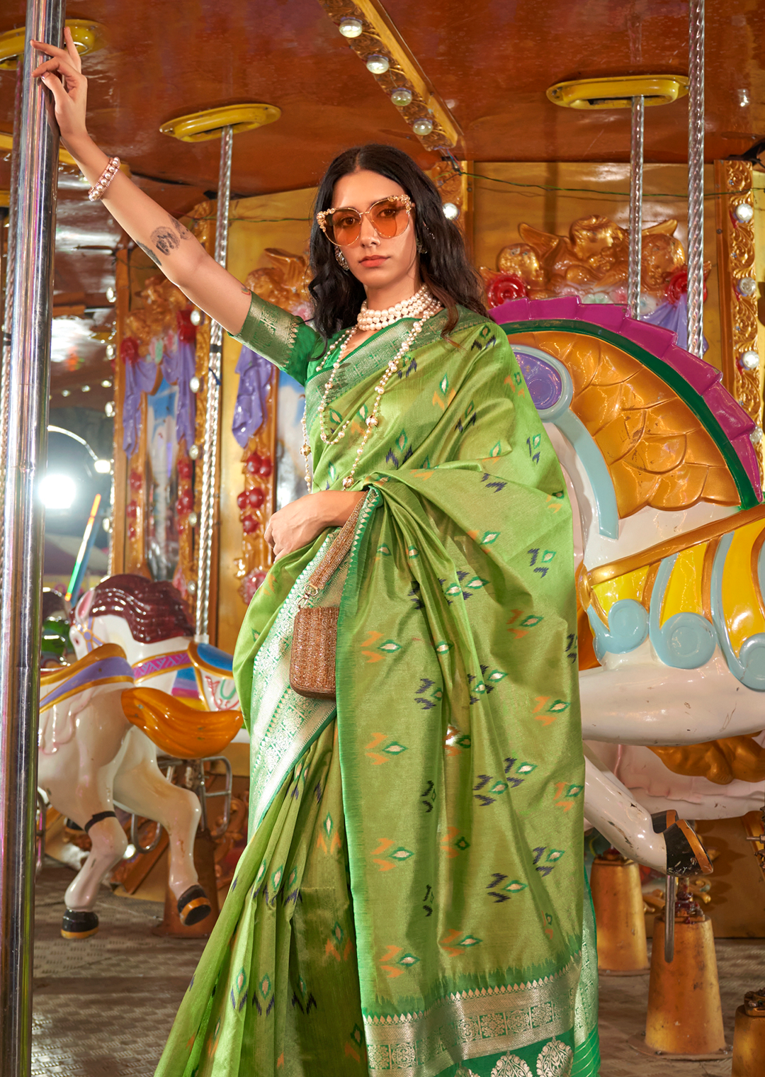 Pear Green Woven Pure Handloom Ikat Silk Saree