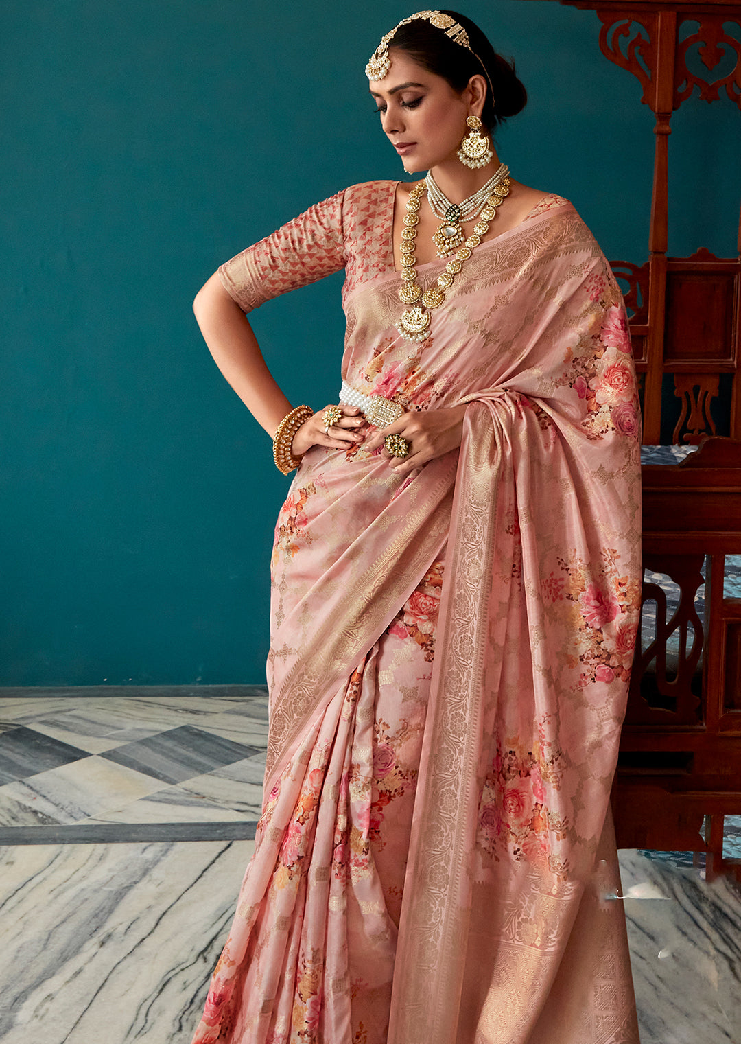 Peach Zari Woven Printed Handloom Crepe Silk Saree