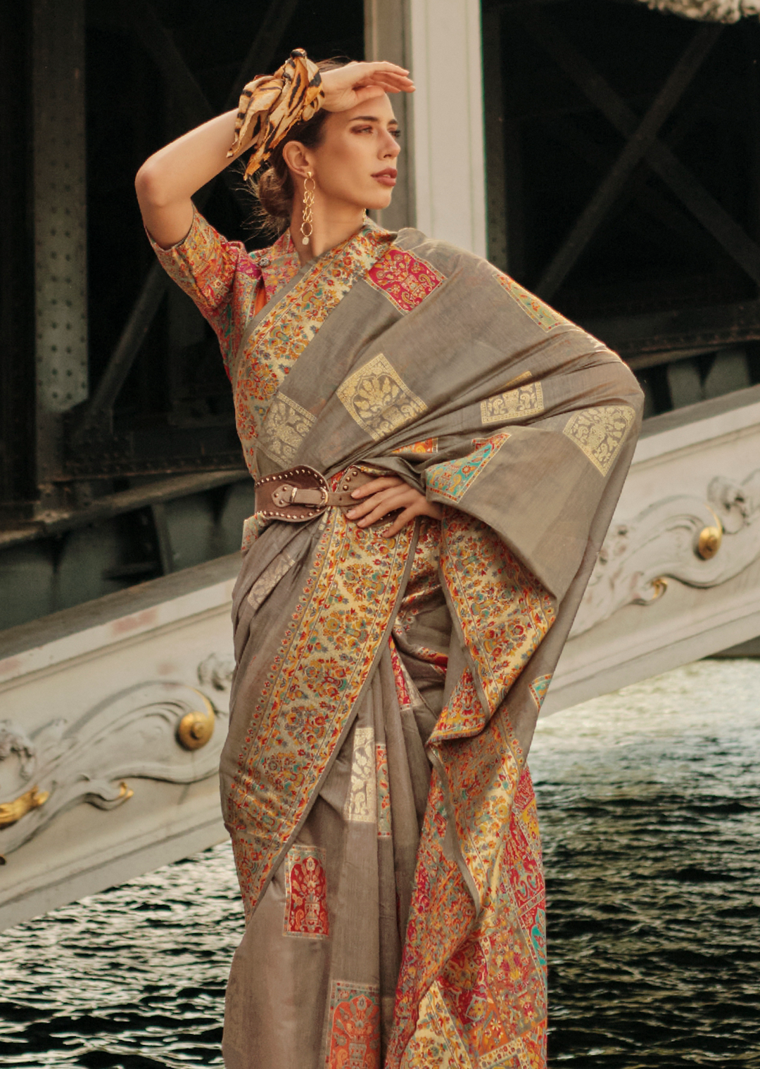 Pastel Brown Woven Pure Handloom Kashmiri Jamewar Silk Saree