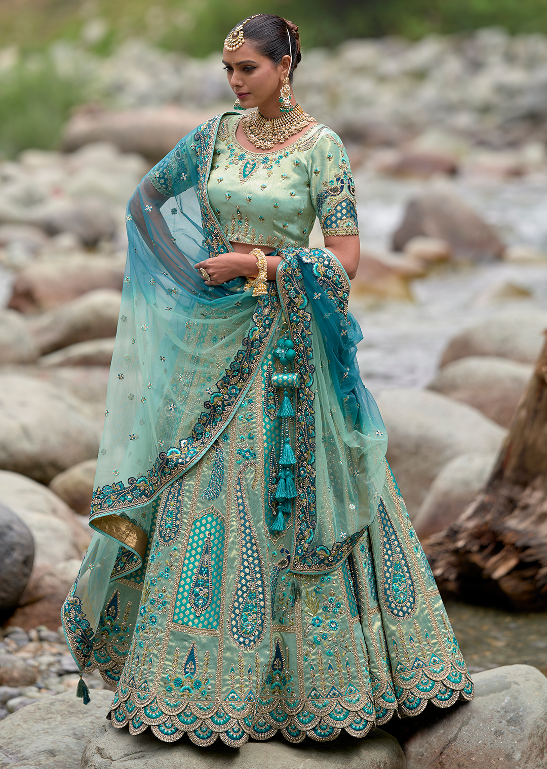 Mint Green Hand Worked Premium Designer Silk Lehenga