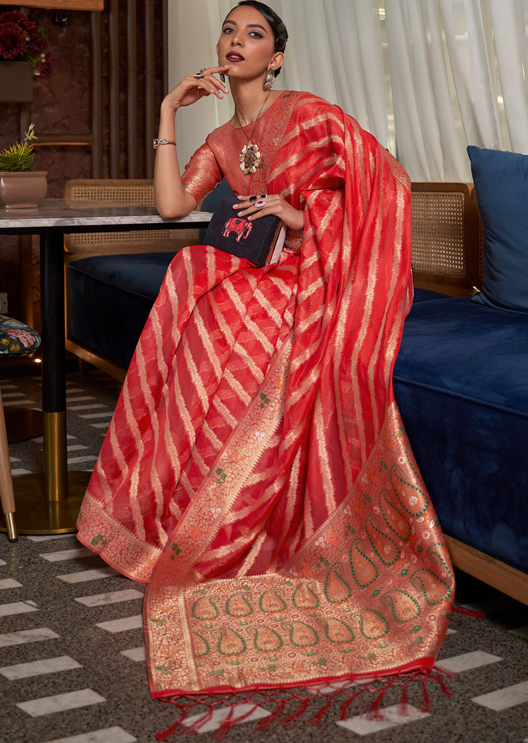 Red Two Tone Meenakari Woven Pure Organza Silk Saree