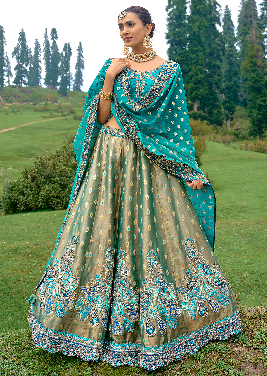 Teal Blue Heavy Embroidered Premium Designer Silk Lehenga