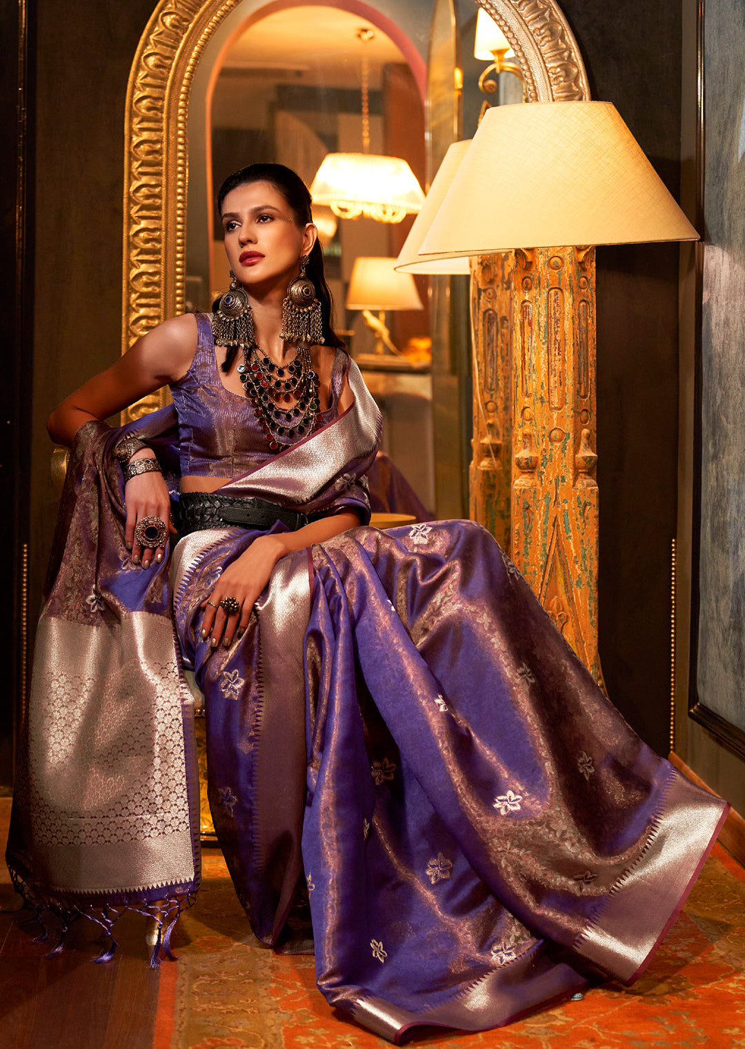 Violet Zari Woven Two Tone Pure Handloom Organza Silk Saree