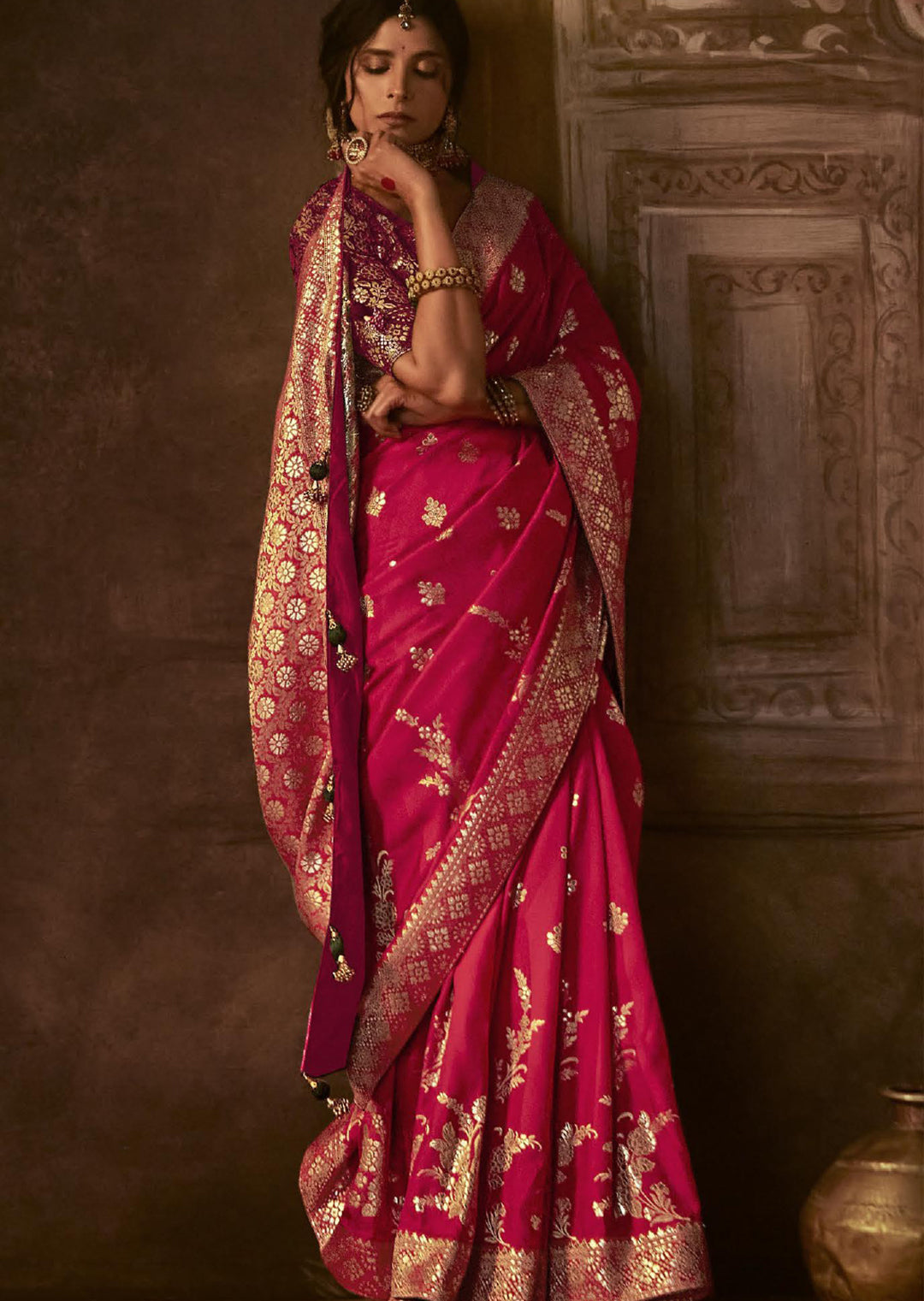 RUBY RED WOVEN PURE CREPE SILK DESIGNER BANARASI SAREE