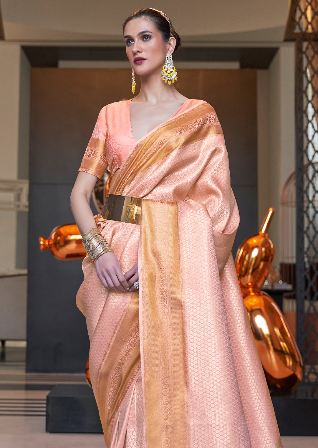 Peach Zari Woven Pure handloom Kanjivaram Silk Saree