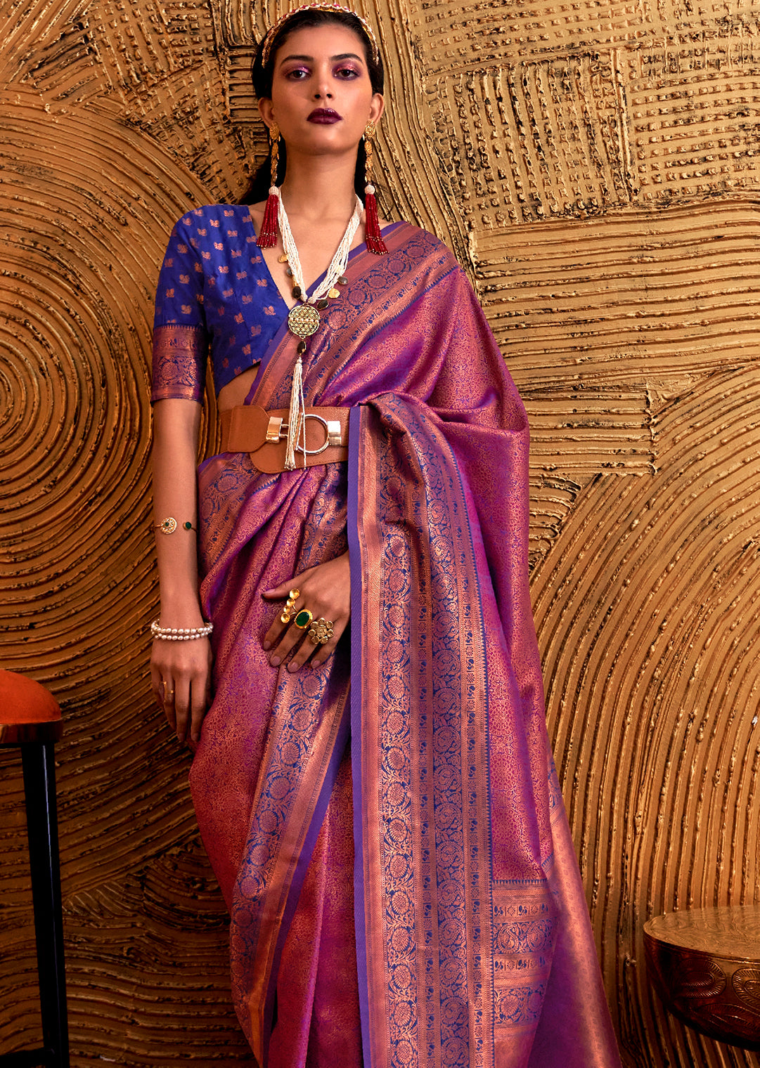 Golden Purple Zari Woven Pure Handloom Kanjivaram Silk Saree