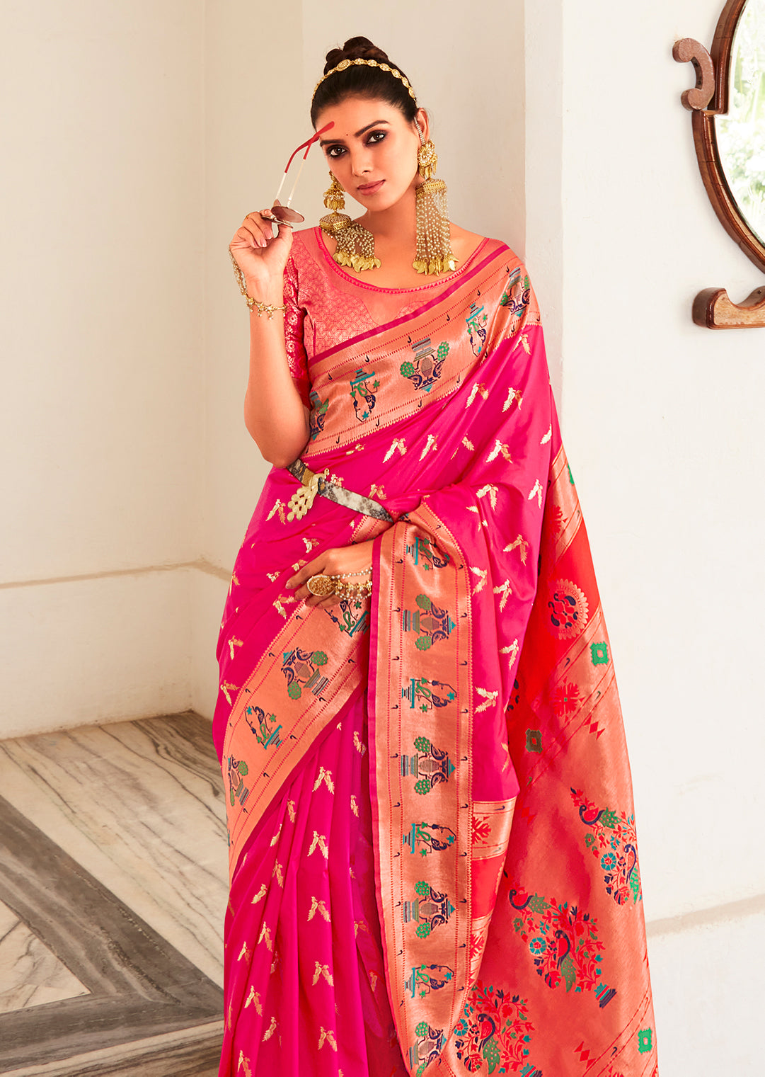 Hot Pink Copper Zari Woven Traditional Paithani Silk Saree