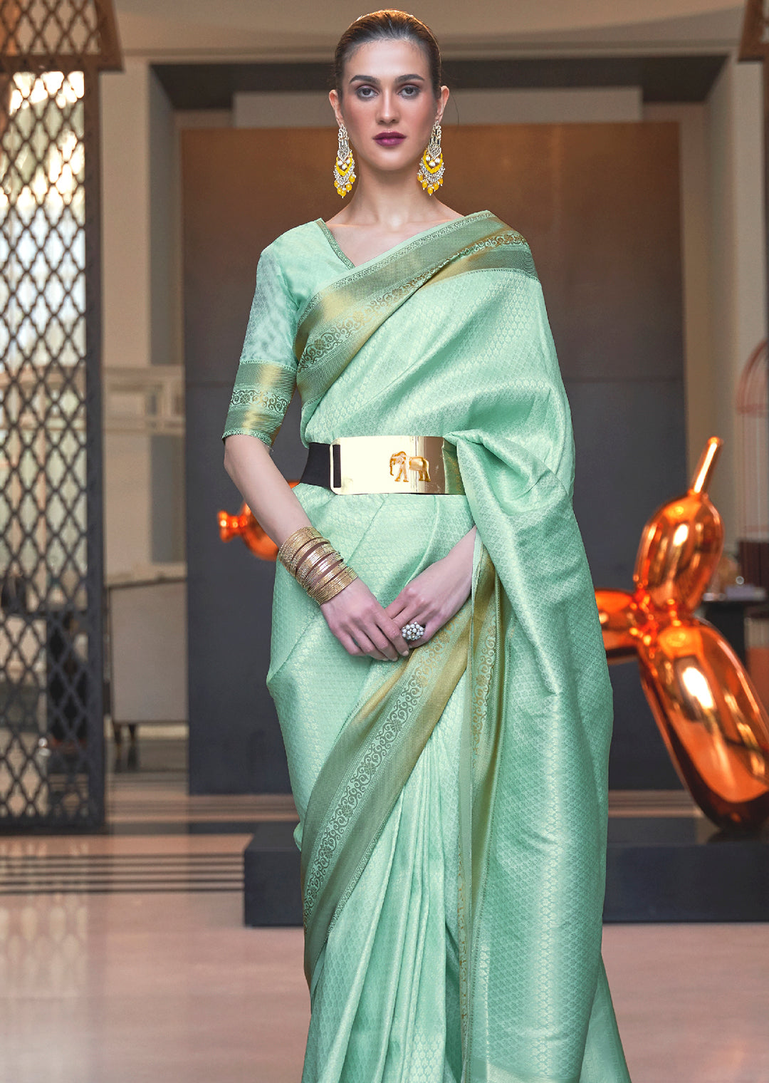 Tea Green Zari Woven Pure handloom Kanjivaram Silk Saree