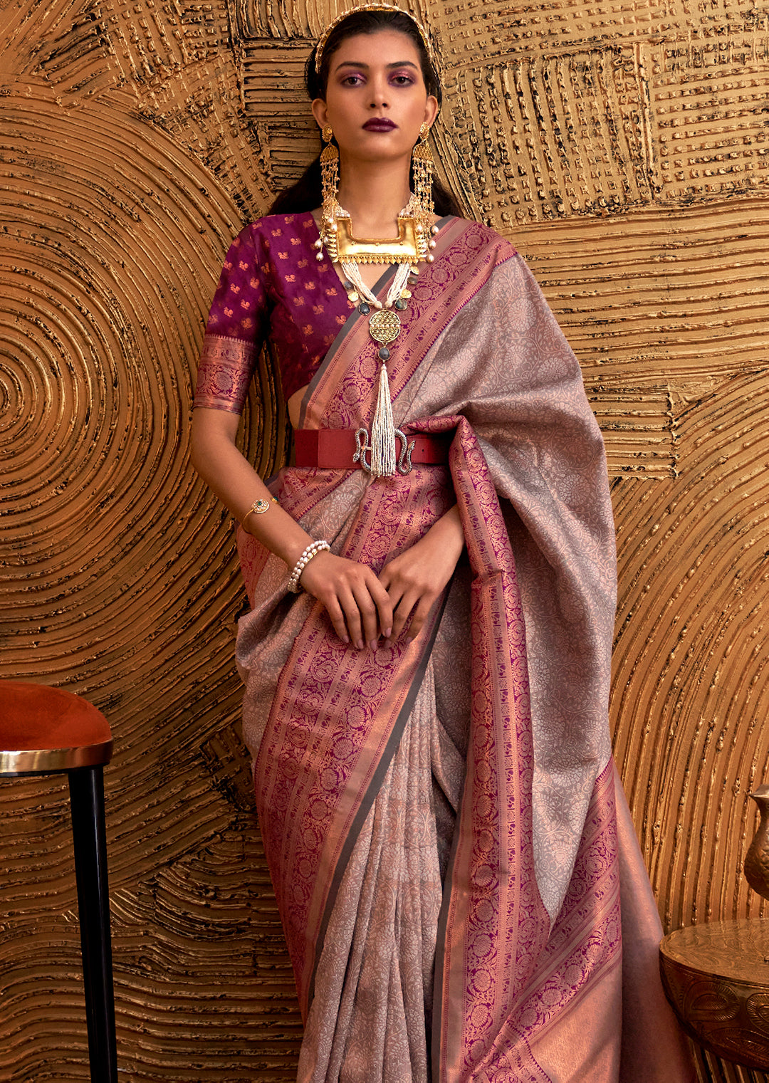 Golden Grey Zari Woven Pure Handloom Kanjivaram Silk Saree