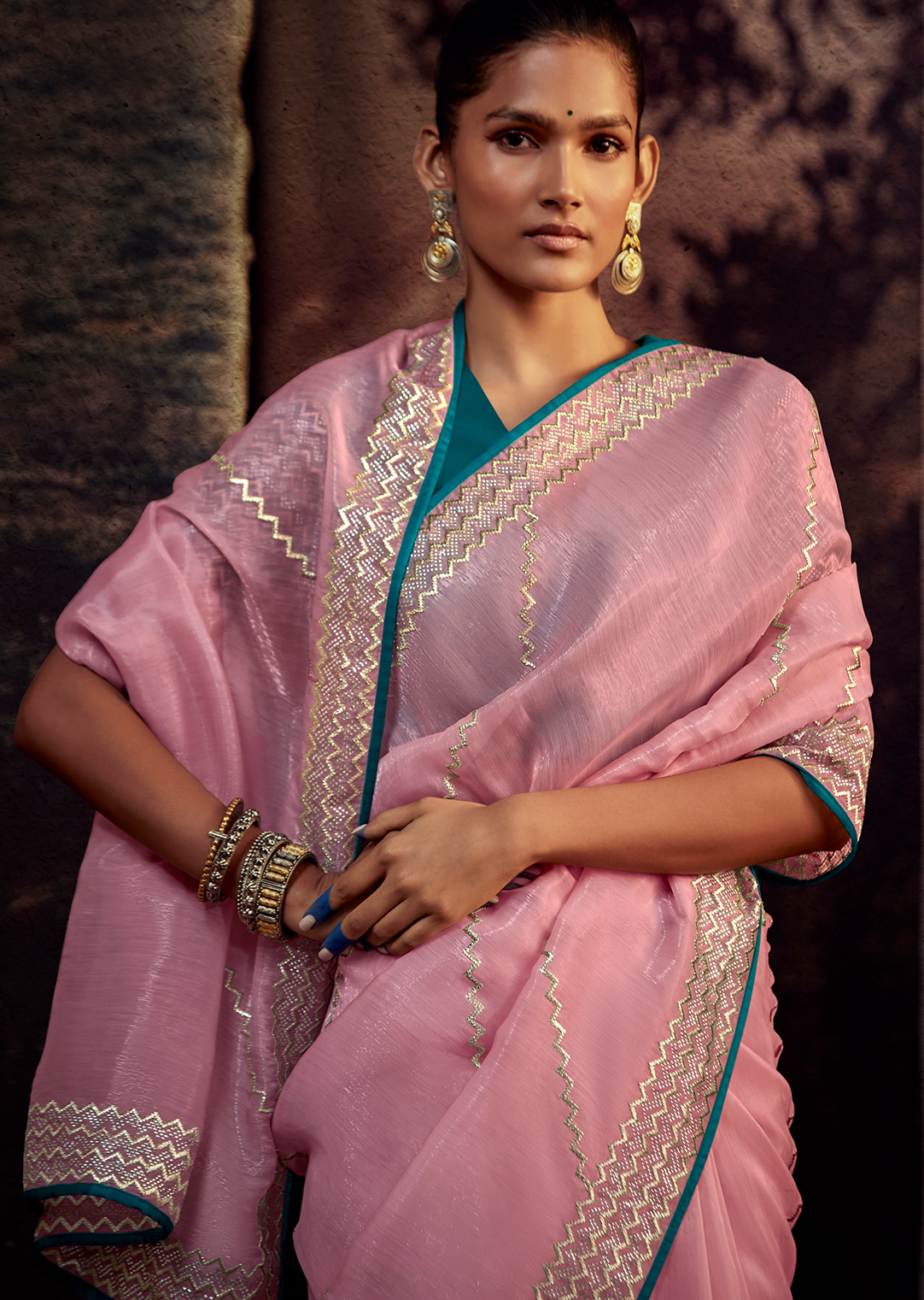 CARNATION PINK WOVEN PURE TISSUE LINEN DESIGNER SAREE