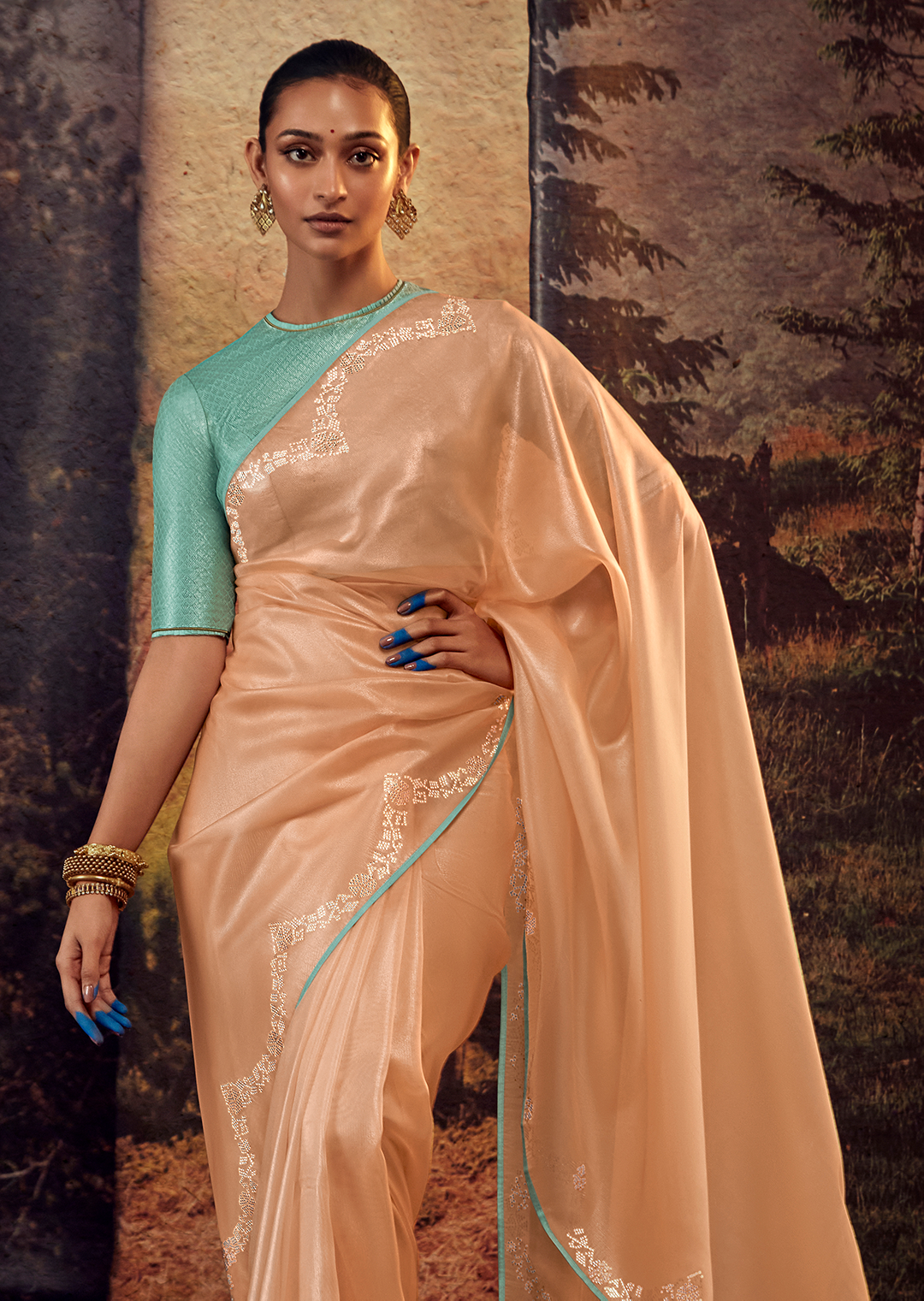 PEACH PURE TISSUE SILK DESIGNER SAREE