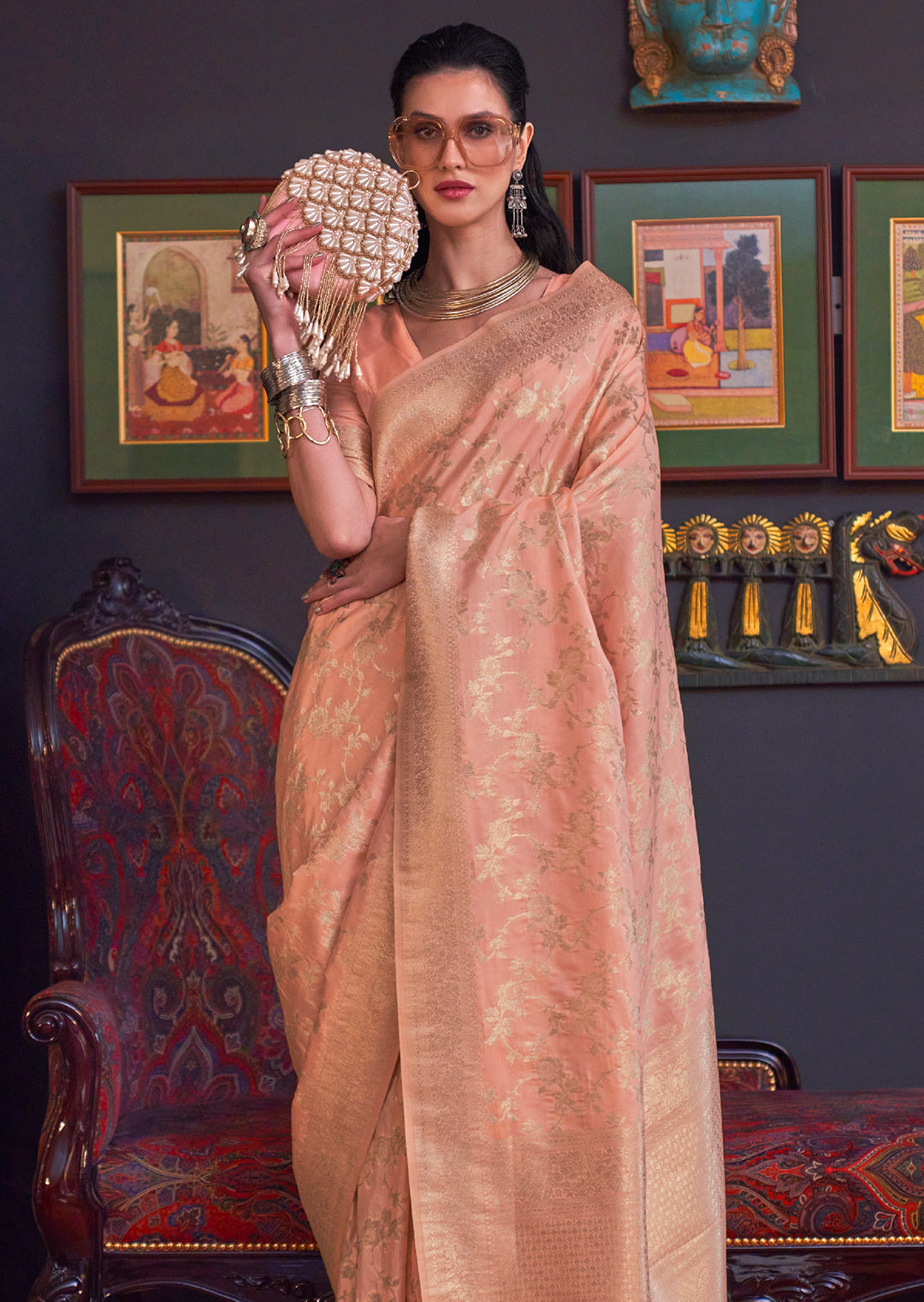 Peach Woven Pure Handloom Katan Silk Saree