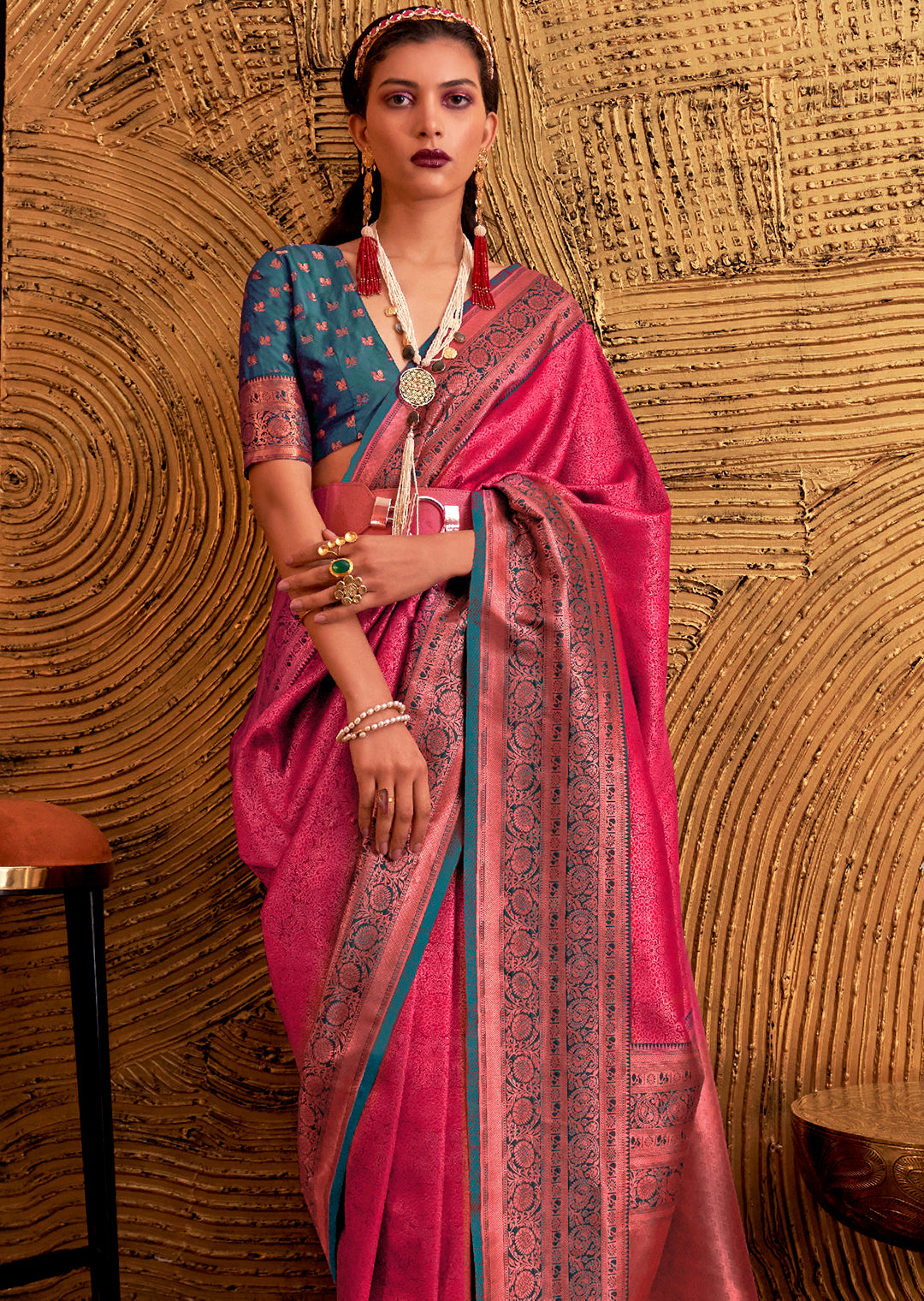 Golden Ruby Pink	Zari Woven Pure Handloom Kanjivaram Silk Saree