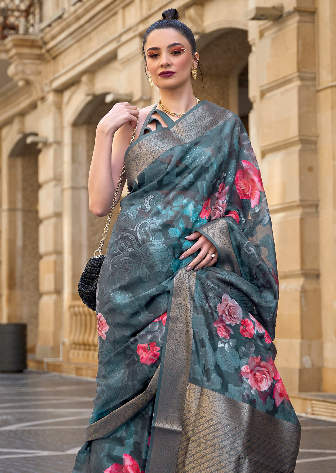 Teal Blue Woven Printed Brasso Handloom Silk Saree