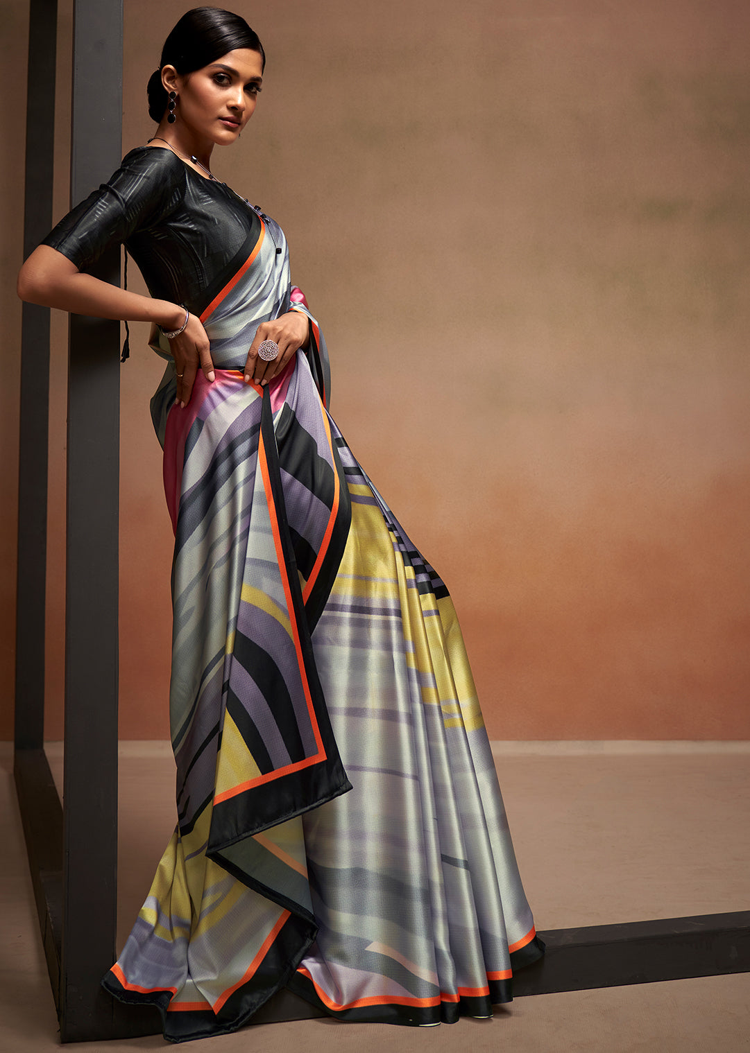 Grey Woven Digital Printed Satin Crepe Silk Saree