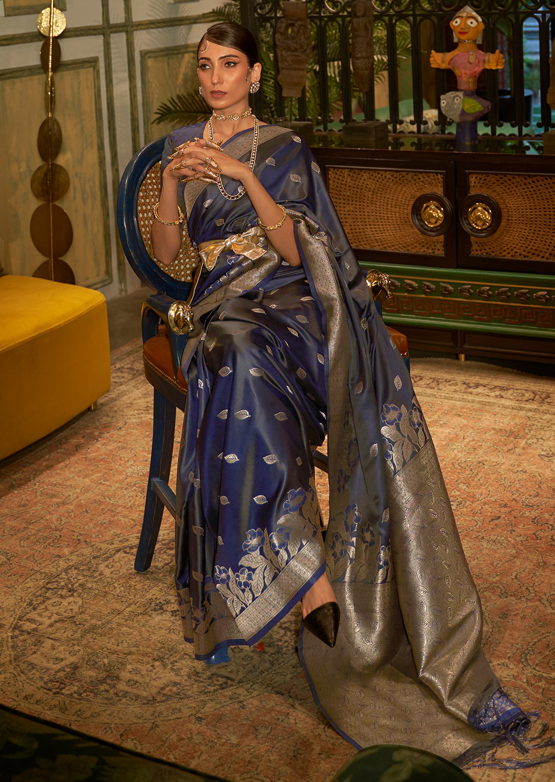 Midnight Blue Zari Woven Handloom Pure Banarasi Satin Silk Saree